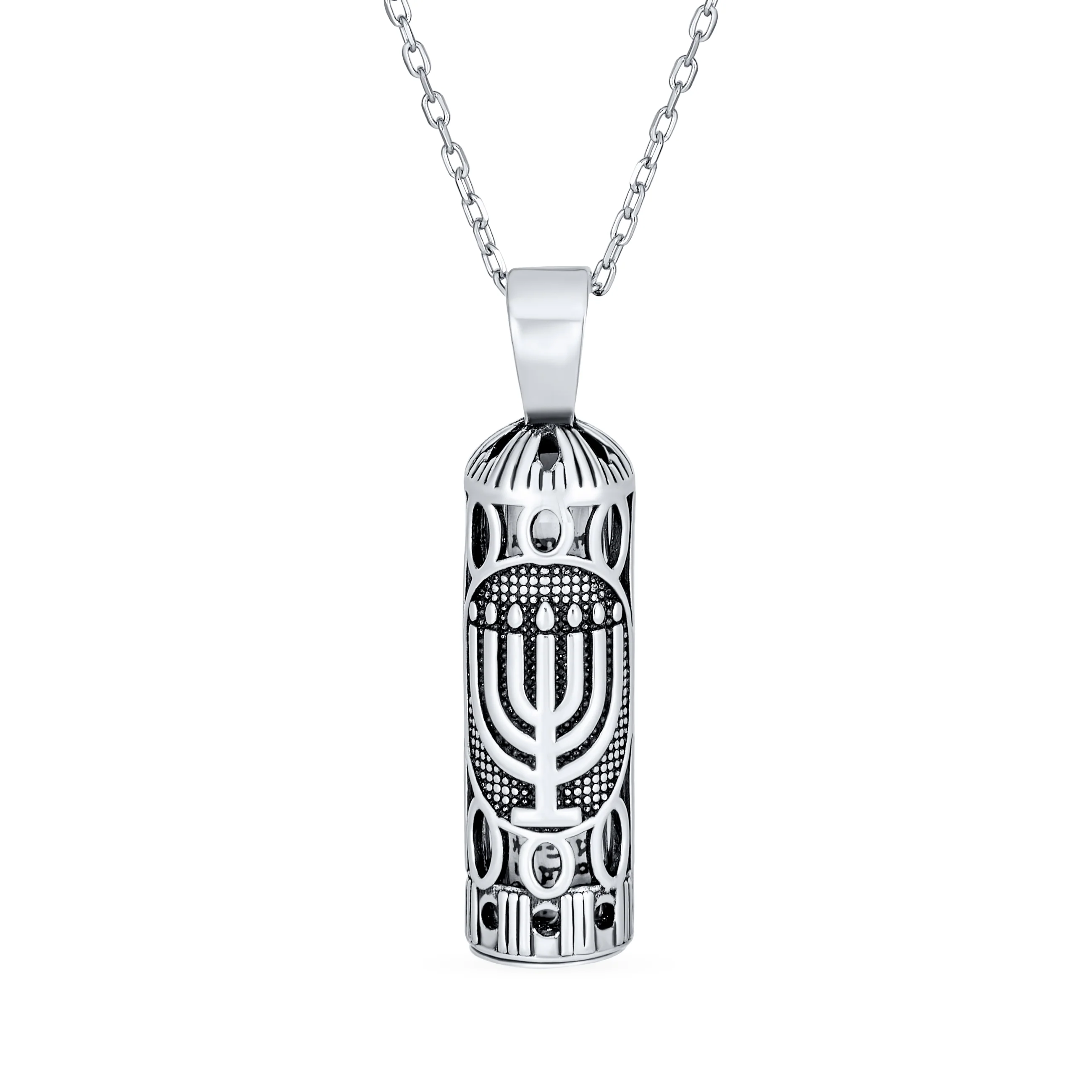 Hanukkah Judaic Parchment Mezuzah Pendant Kabbalah Necklace Bat Mitzvah Sterling Silver