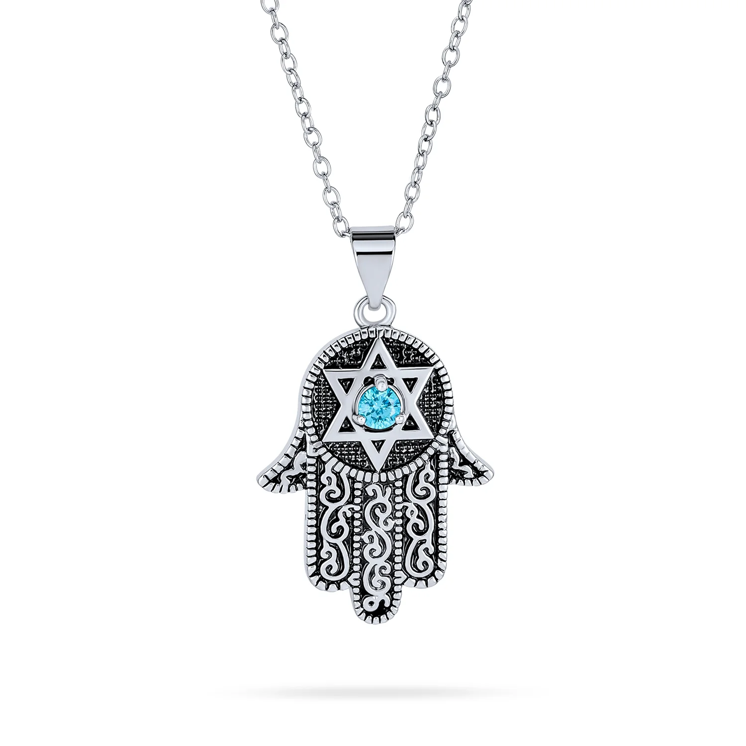 Hanukkah Judaic Magen Hamsa Star Pendant Necklace Blue Cubic Zirconia Silver