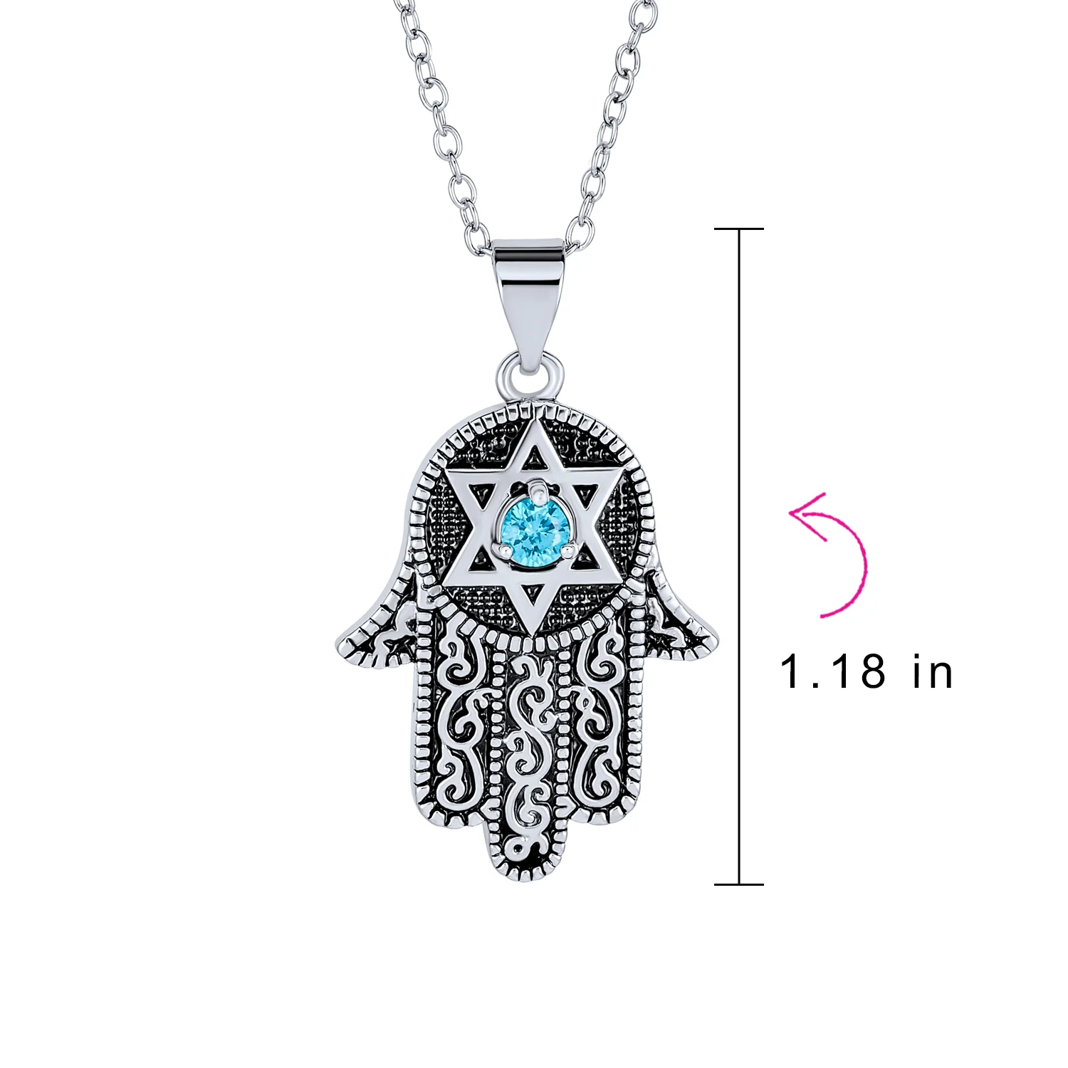 Hanukkah Judaic Magen Hamsa Star Pendant Necklace Blue Cubic Zirconia Silver - Image 4