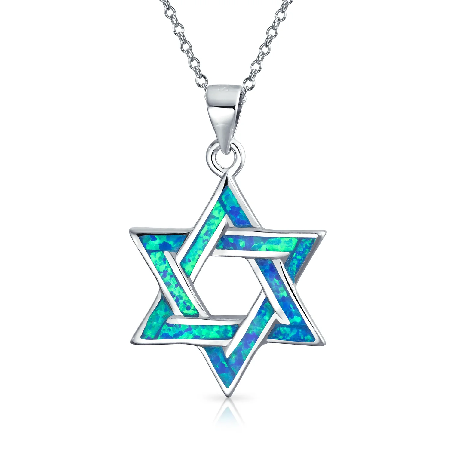 Magen Judaic Jewelry Inlay Created Blue Opal Star Of David Pendant Necklace .925 Sterling Silver - Image 2