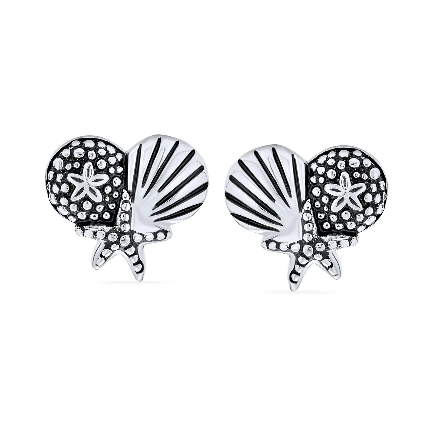 Tropical Vacation Beach Escape Sand Dollar Starfish Seashell Stud Earrings .925 Sterling Silver - Image 2