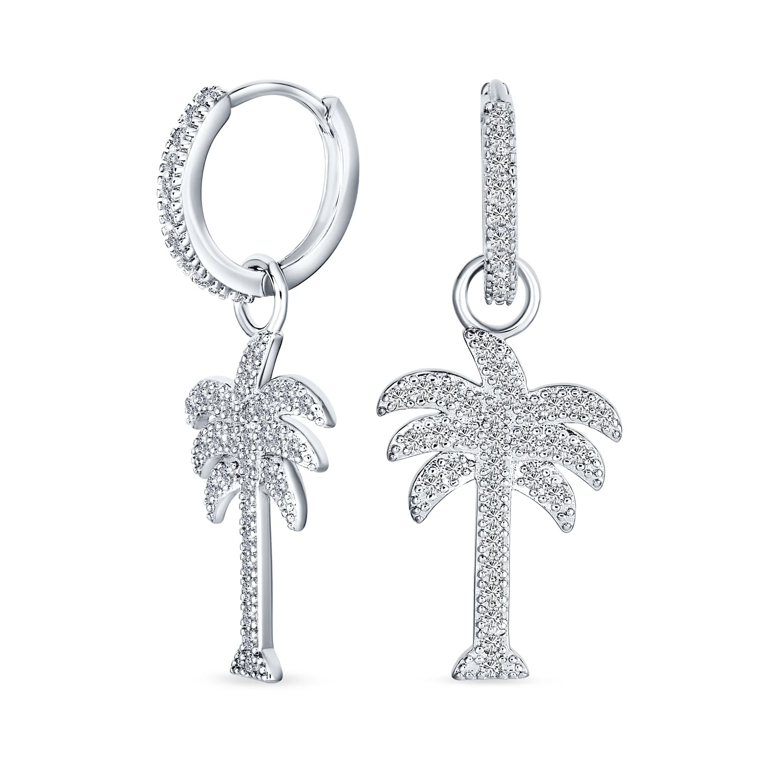 Hawaiian Palm Tree Dangle Chandelier Earrings CZ Cubic Zirconia Sterling Silver
