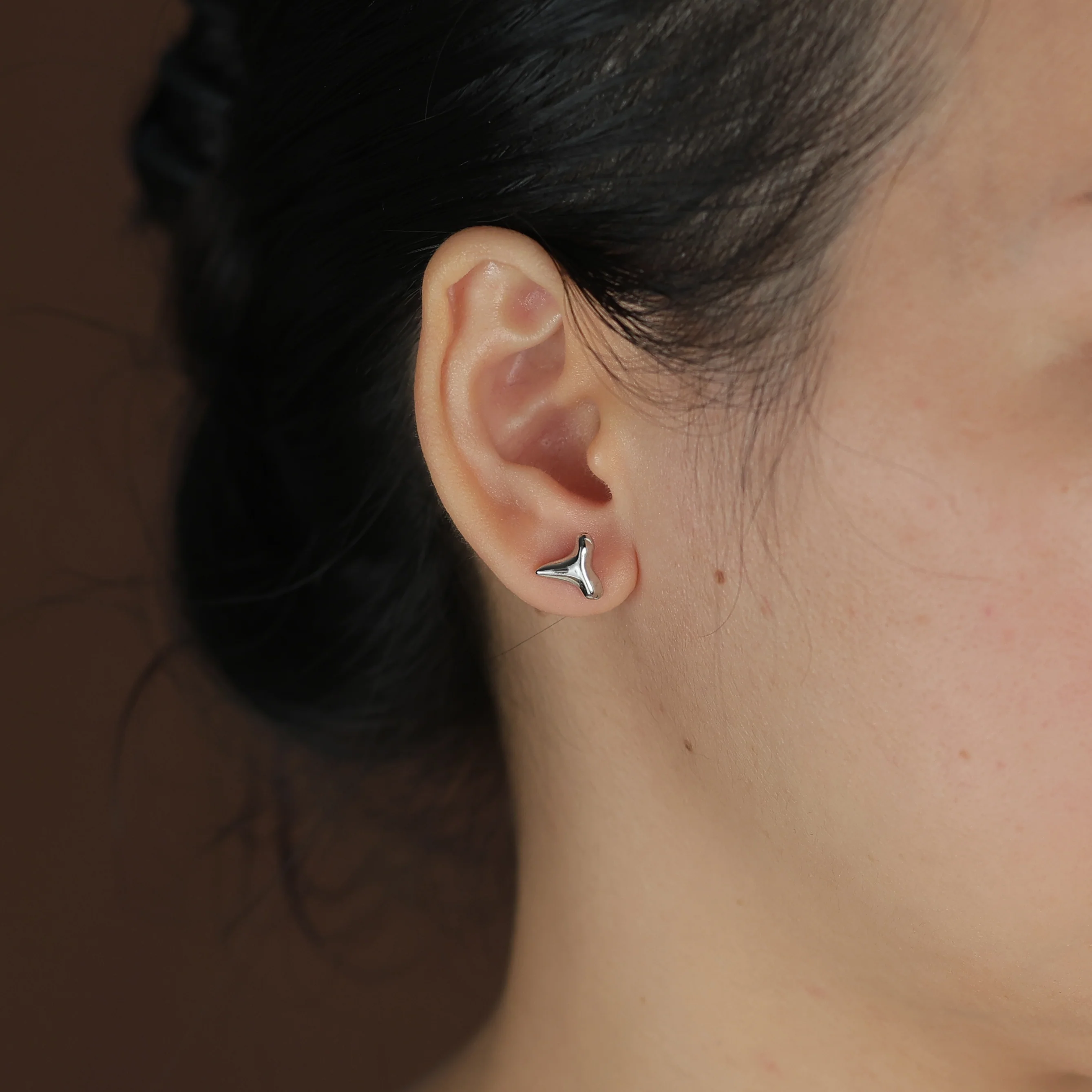 Hawaiian Shark Tooth Stud Earrings in Sterling Silver with Hammered Texture - Image 3