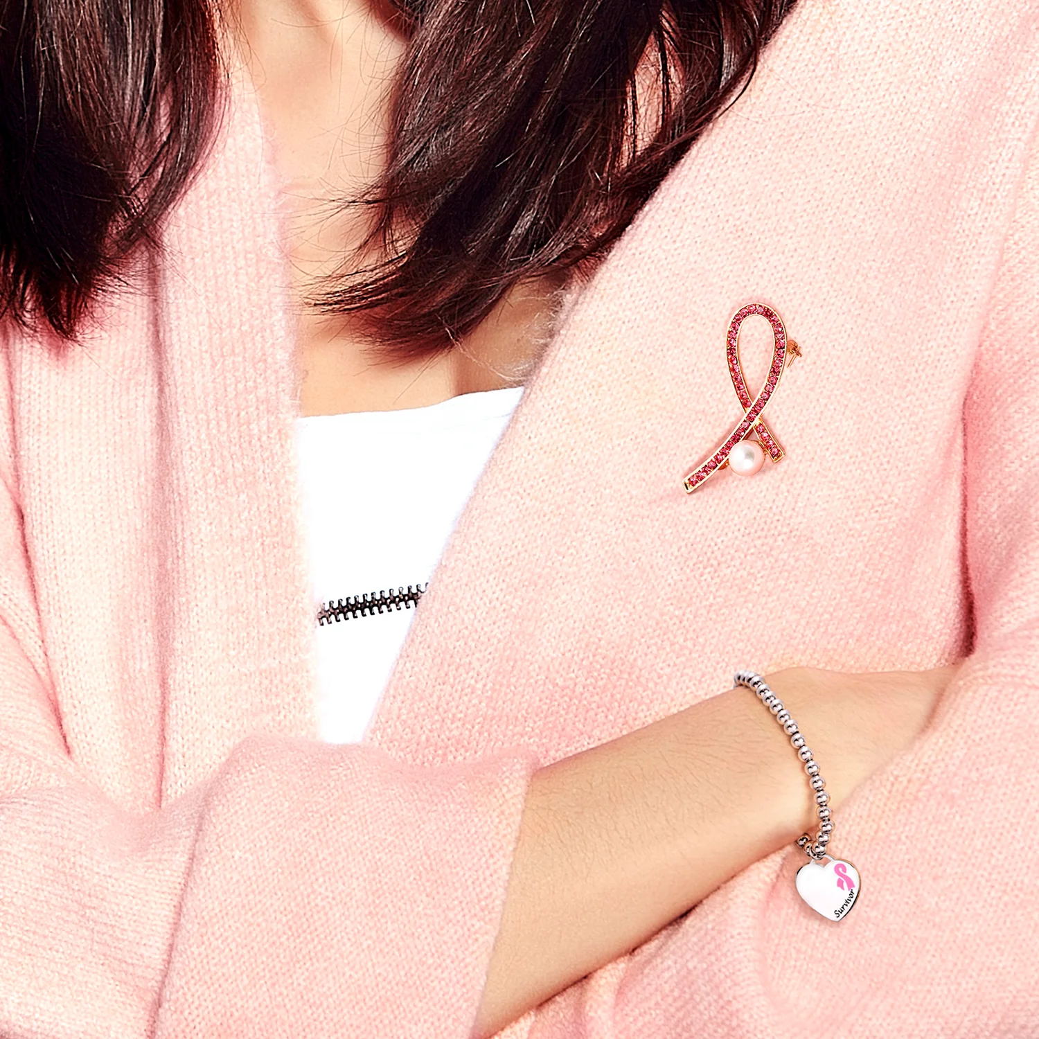 Heart Charm ID Bracelet with Pink Ribbon for Breast Cancer Survivor Silver Tone - Image 6