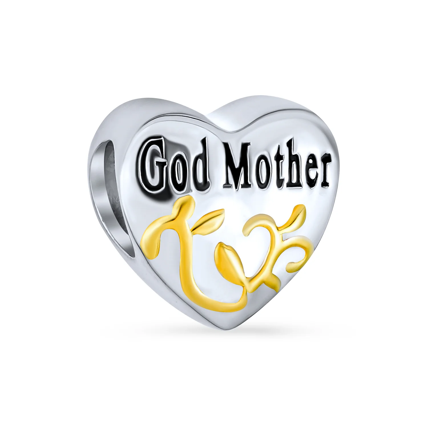 Heart Shaped God Mother Charm Bead 14K Gold Plated Sterling Silver for Bracelet