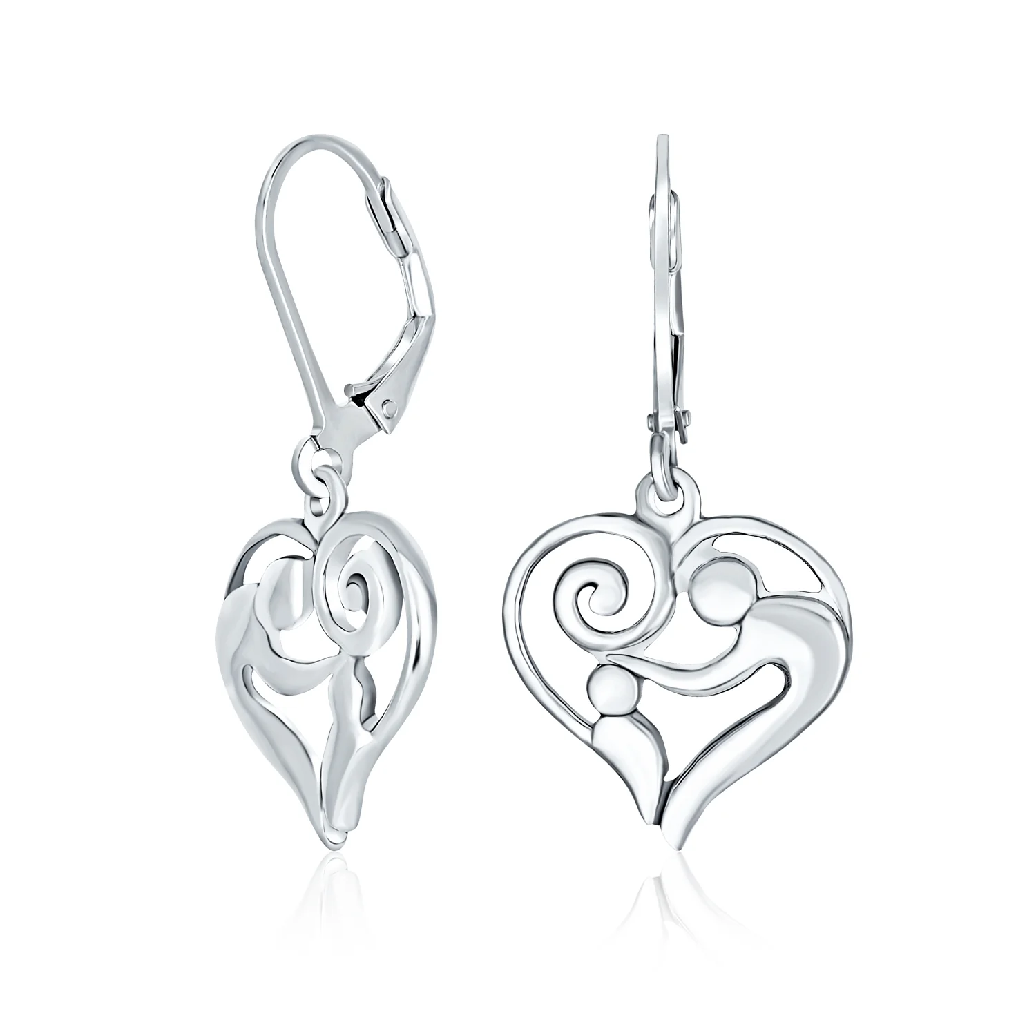 Loving Family Mother & Child Dangle Heart Shaped Earrings .925 Sterling Silver Lever back