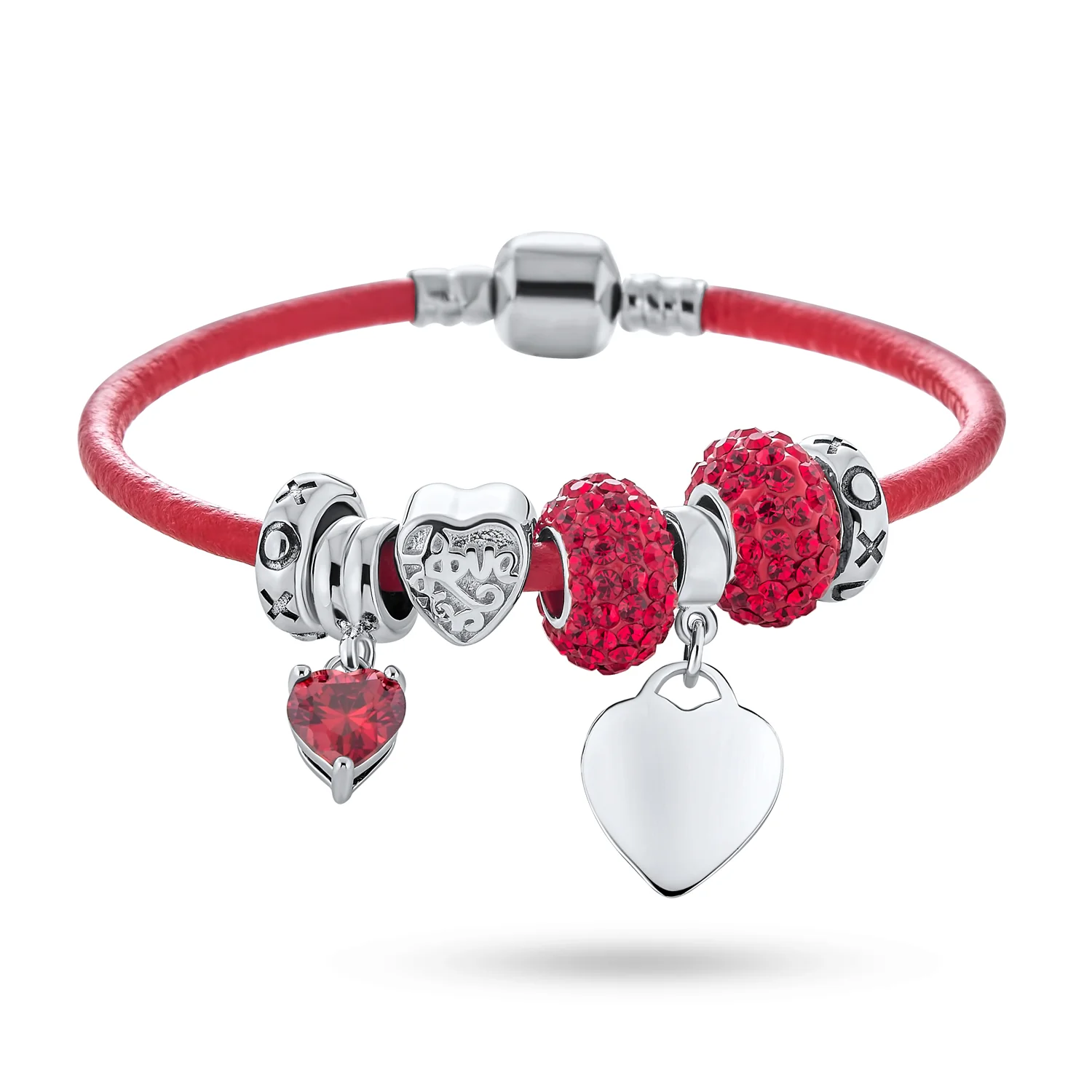 Heart Lover Couples Valentine Charm Bracelet with Red Leather & Silver Clasp - Image 2