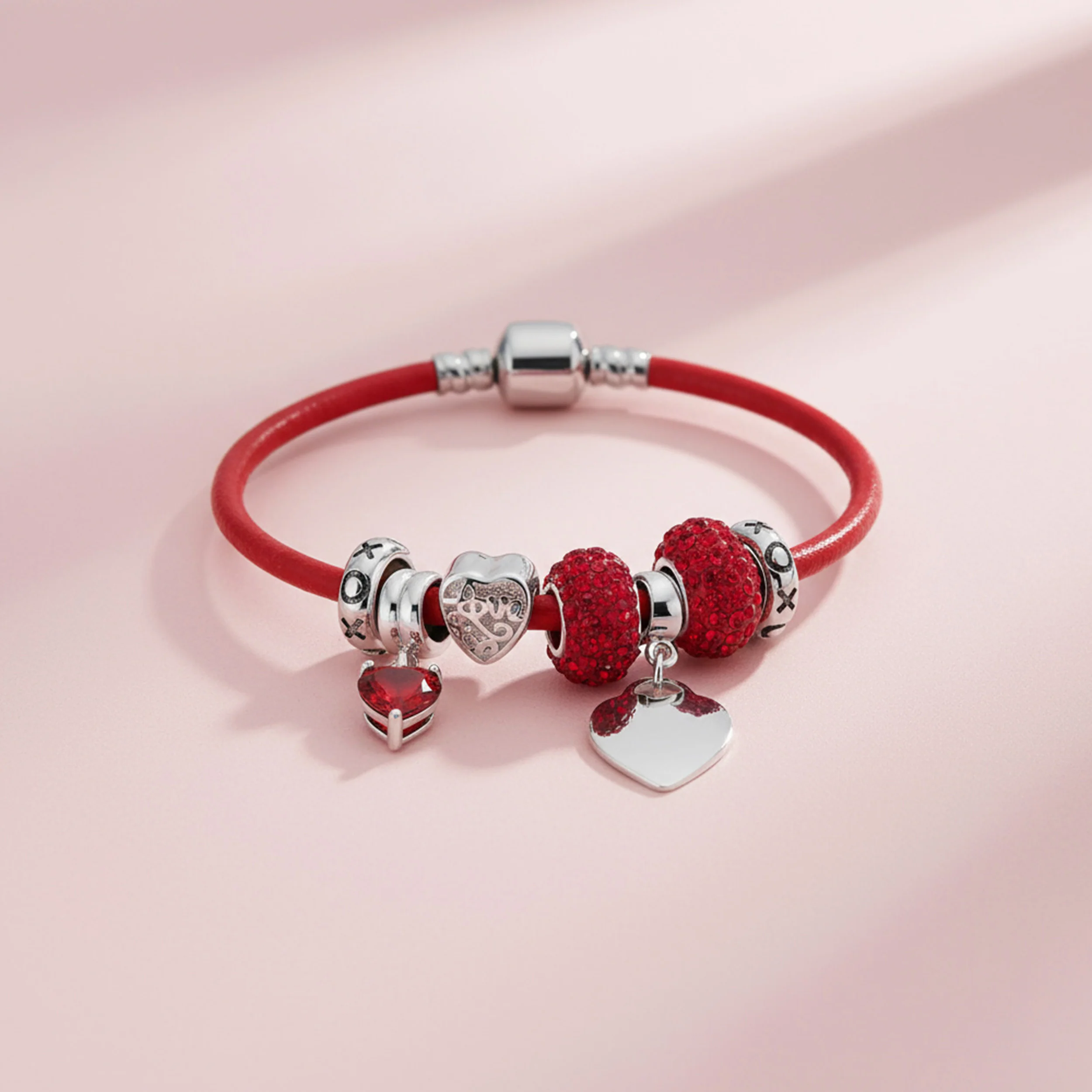 Heart Lover Couples Valentine Charm Bracelet with Red Leather & Silver Clasp - Image 3