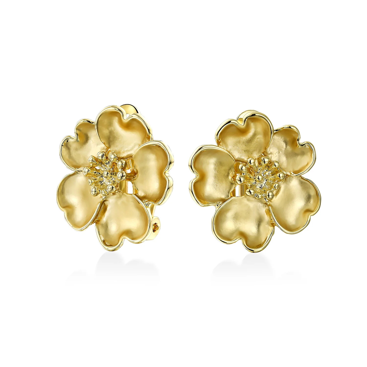 Heart Petals Flower Clip On Earrings Non Pierced Ears Matte Gold Plated