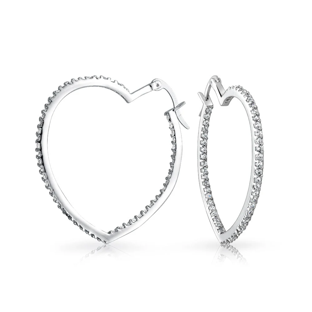 Inside Out Cubic Zirconia Pave CZ Large Heart Shaped Hoop Earrings 1.5 Inch Diameter