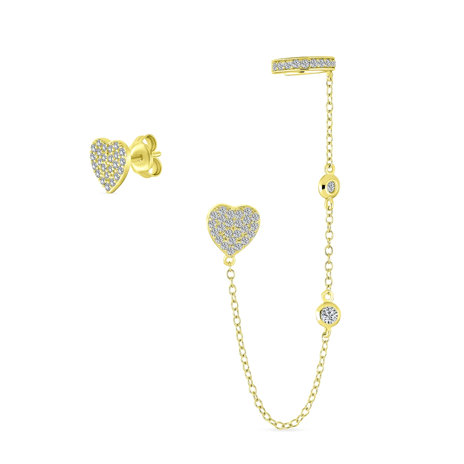 Pave CZ Heart Shape Ear Cuff Cartilage & Stud Earring Gold Plated .925 Sterling Silver - Image 2