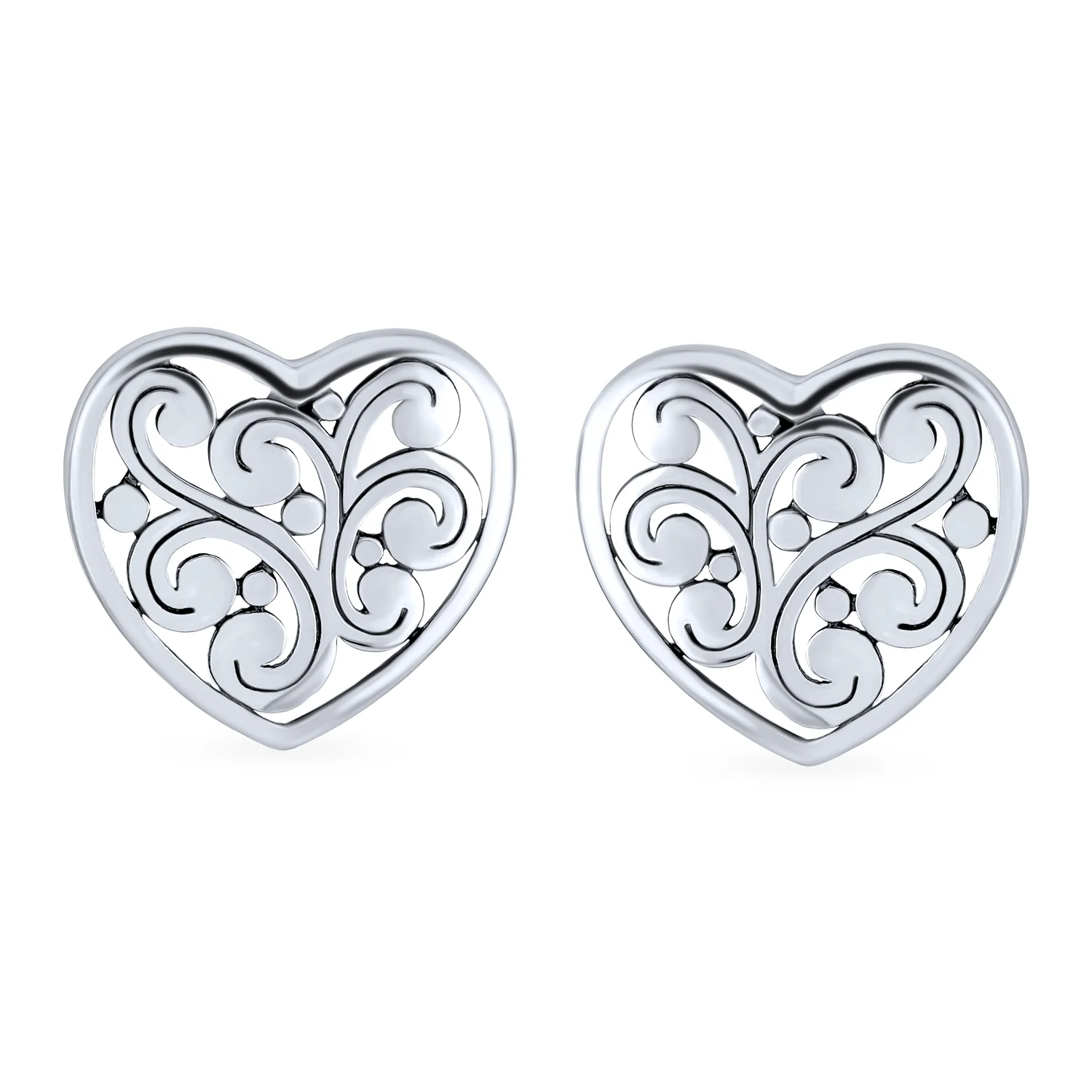 Heart Shaped Swirl Filigree Stud Earrings in Sterling Silver for Girlfriend - Image 2