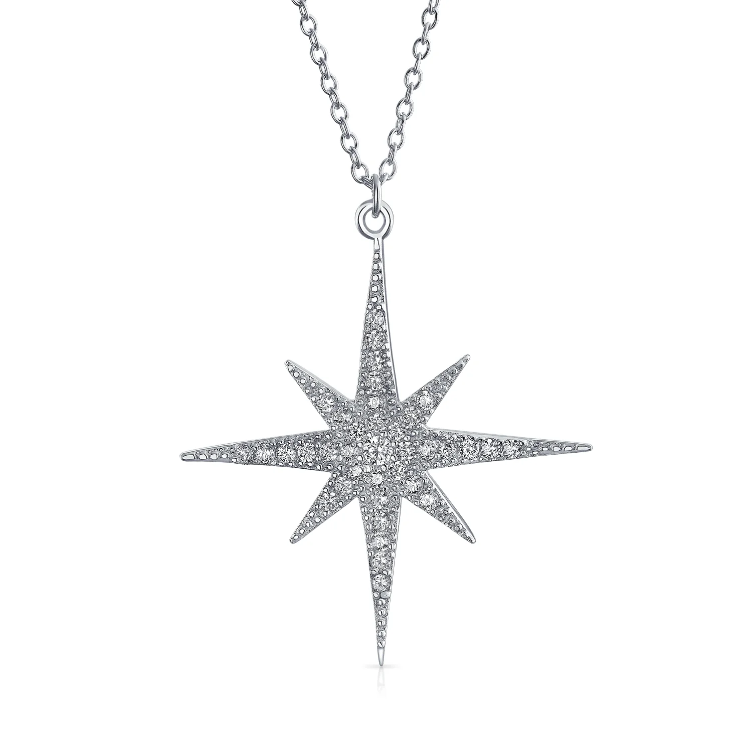 Celestial Pave Cubic Zirconia CZ North Star Burst Pendant Necklace .925 Sterling Silver