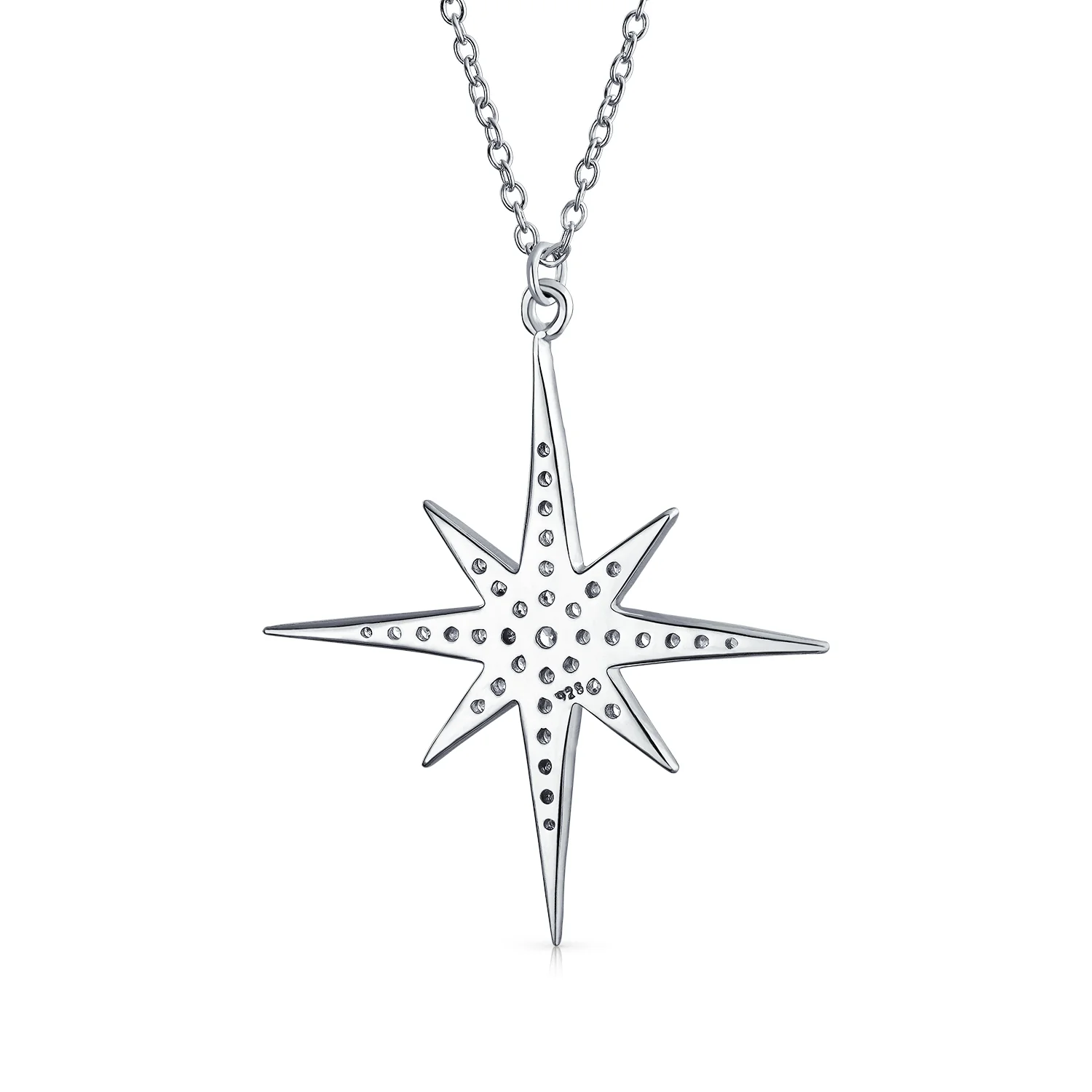 Celestial Pave Cubic Zirconia CZ North Star Burst Pendant Necklace .925 Sterling Silver - Image 2