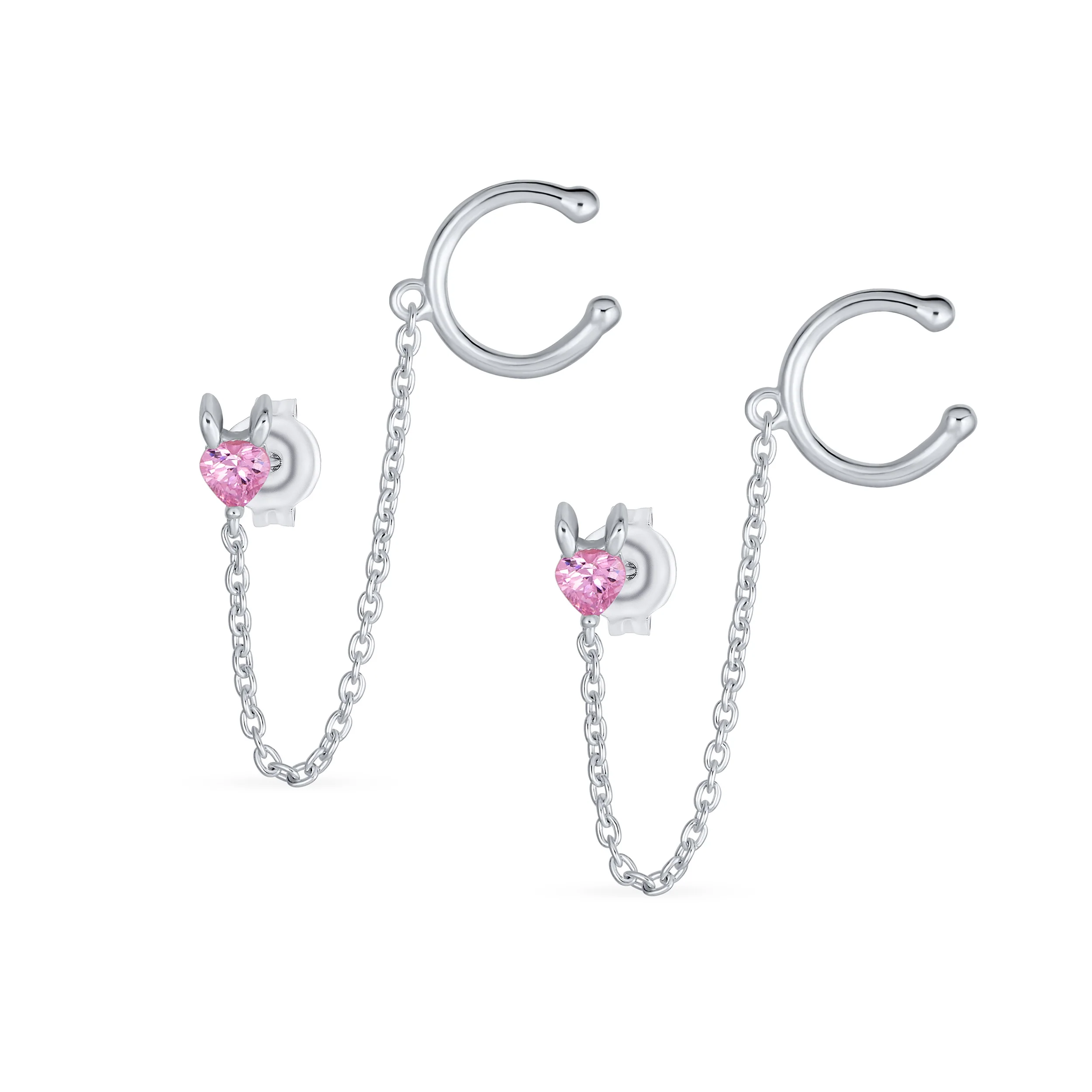 Tiny Pink CZ Ear Cuff Chain Heart Stud Earrings For Earlobe .925 Sterling Silver For Pierced Ear