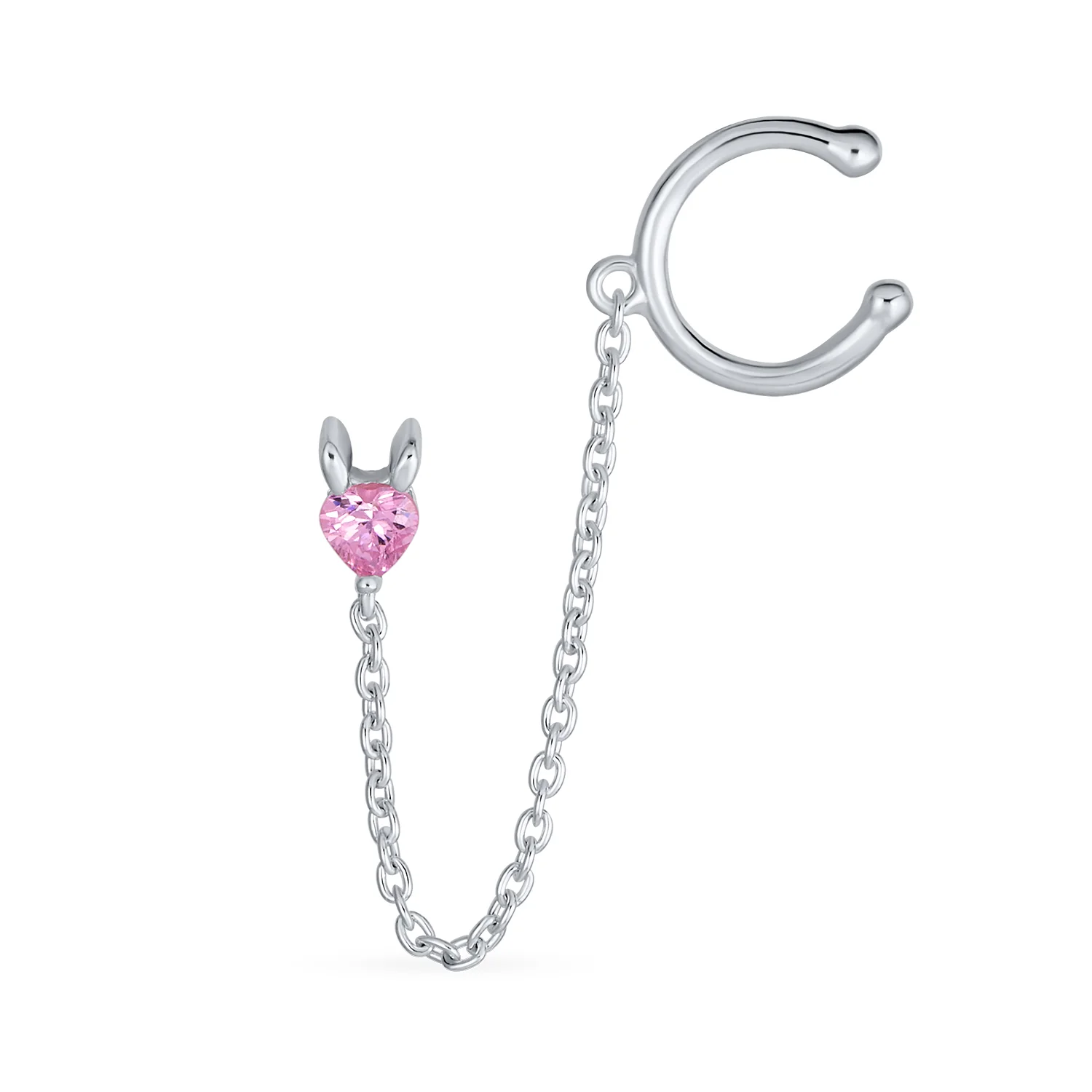 Tiny Pink CZ Ear Cuff Chain Heart Stud Earrings For Earlobe .925 Sterling Silver For Pierced Ear - Image 2