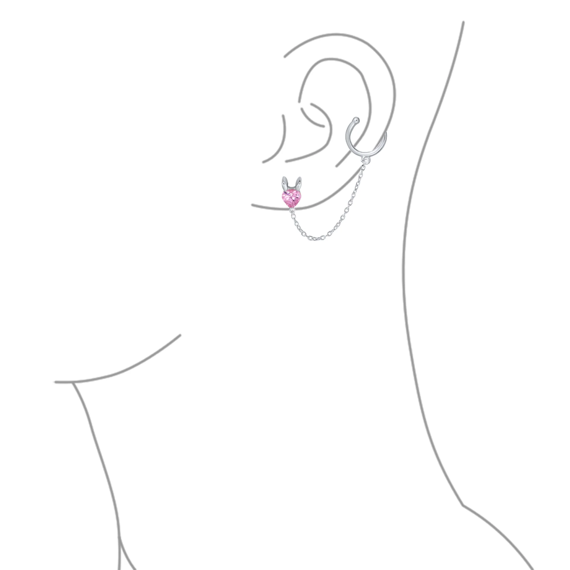 Tiny Pink CZ Ear Cuff Chain Heart Stud Earrings For Earlobe .925 Sterling Silver For Pierced Ear - Image 3