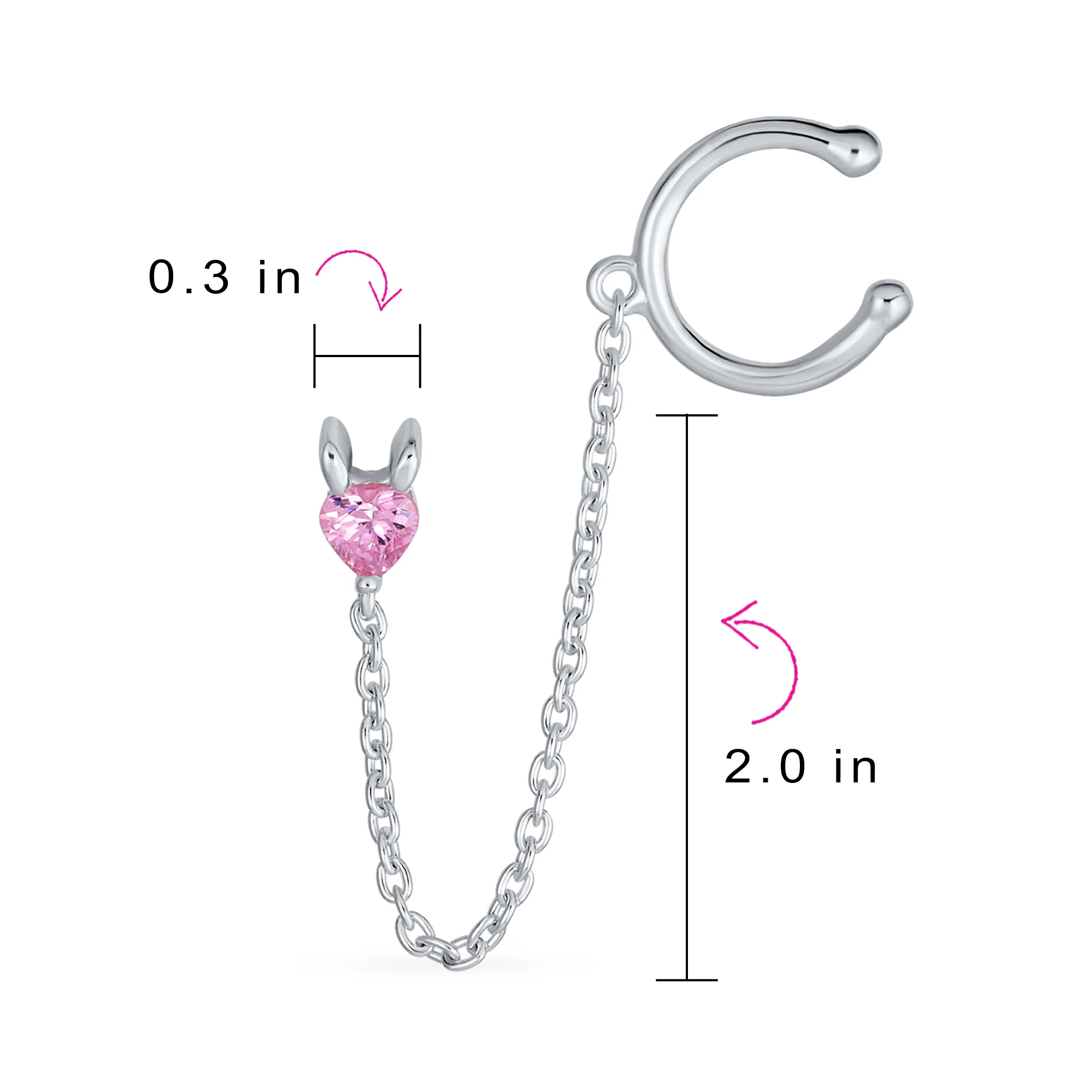 Tiny Pink CZ Ear Cuff Chain Heart Stud Earrings For Earlobe .925 Sterling Silver For Pierced Ear - Image 4