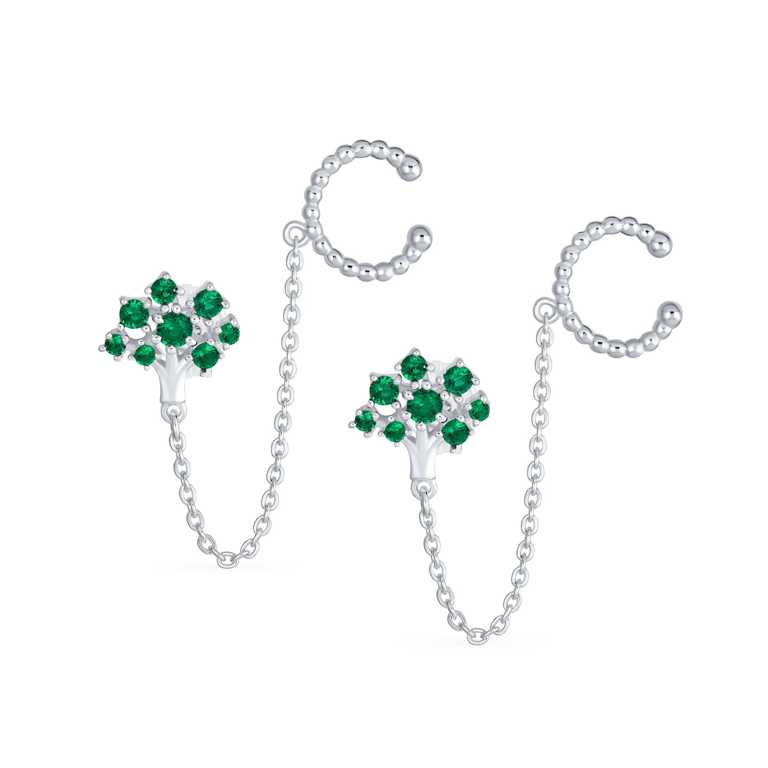 Green CZ Ear Cuff Chain & Stud Tree of Life Earrings .925 Sterling Silver For Pierced Ear