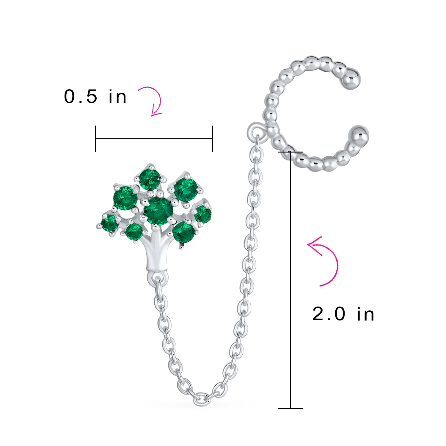 Green CZ Ear Cuff Chain & Stud Tree of Life Earrings .925 Sterling Silver For Pierced Ear - Image 4