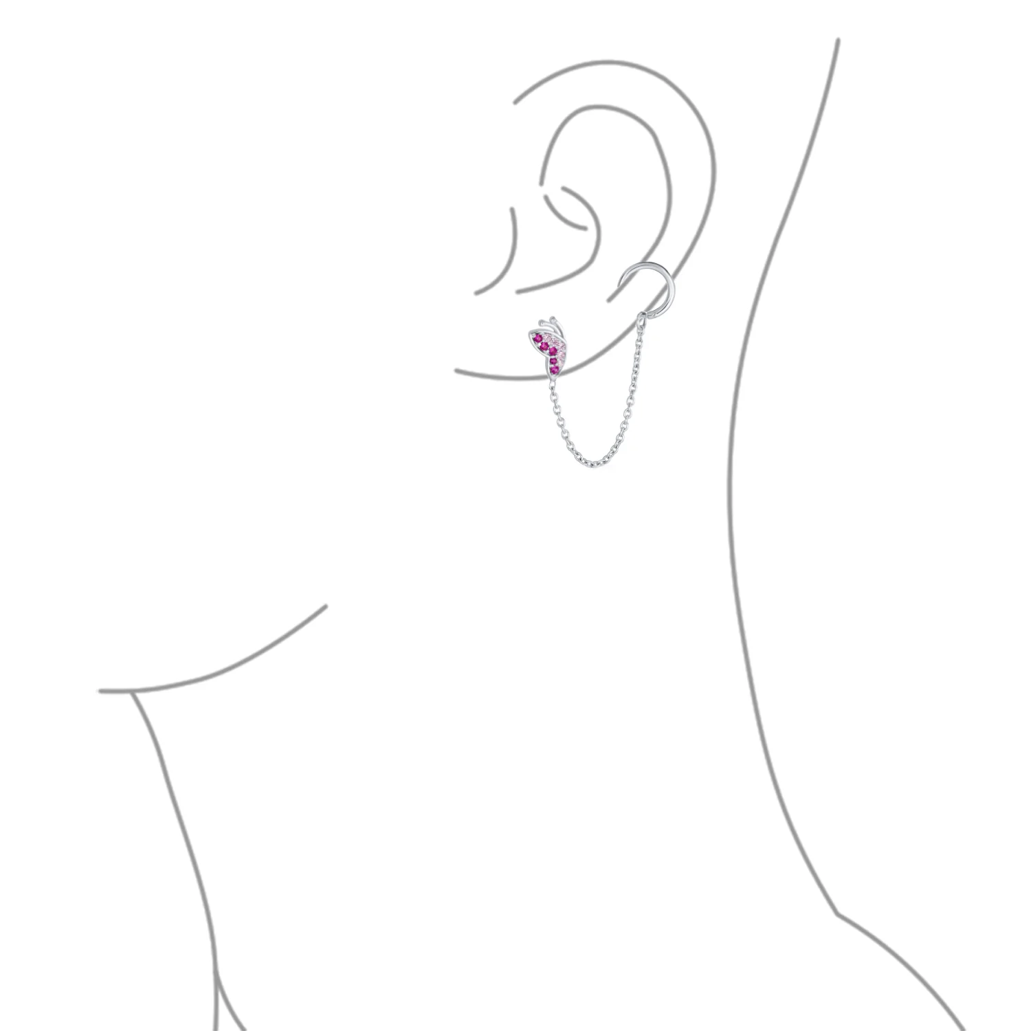 Double Piercings Chain Ear Cuff Cartilage Earlobe Stud Pink CZ Butterfly Earrings Sterling Silver - Image 3