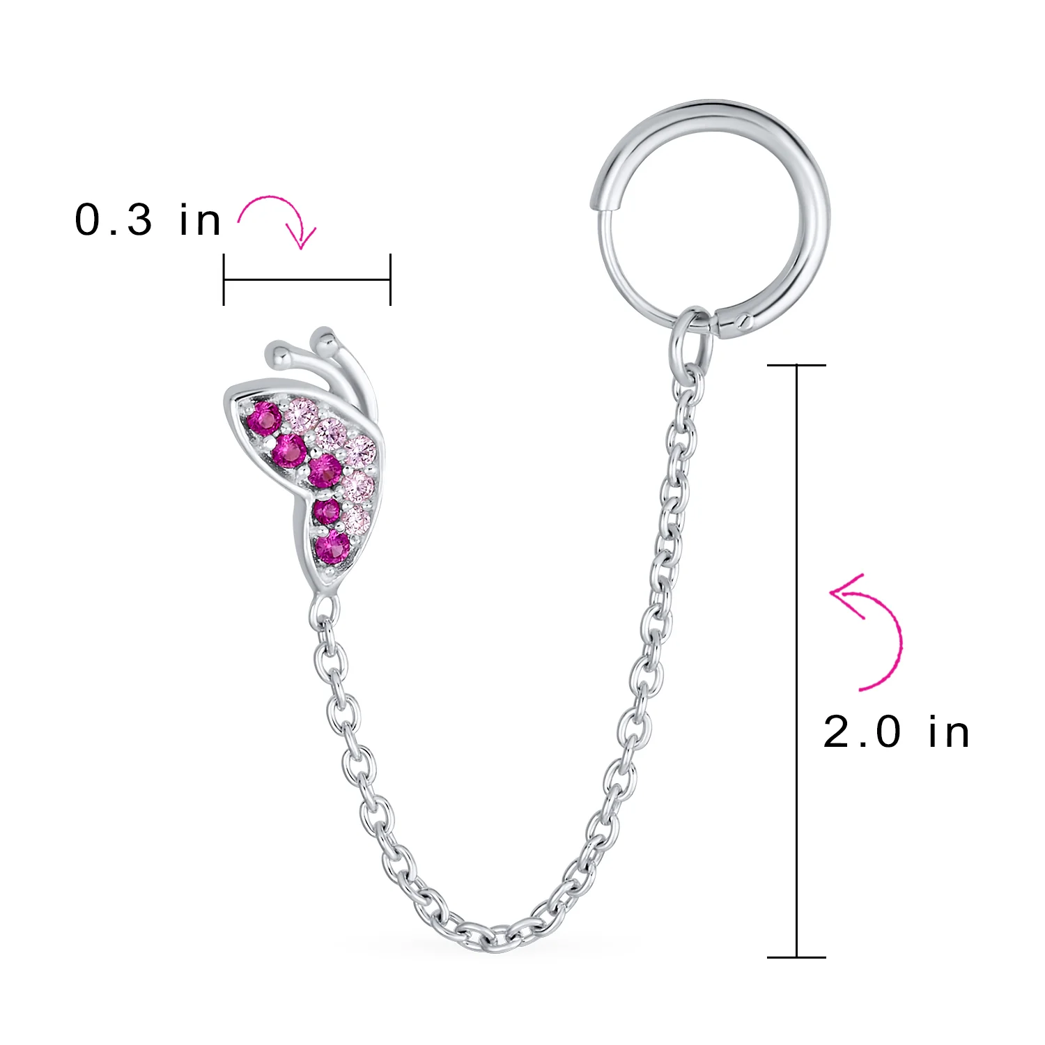 Double Piercings Chain Ear Cuff Cartilage Earlobe Stud Pink CZ Butterfly Earrings Sterling Silver - Image 4