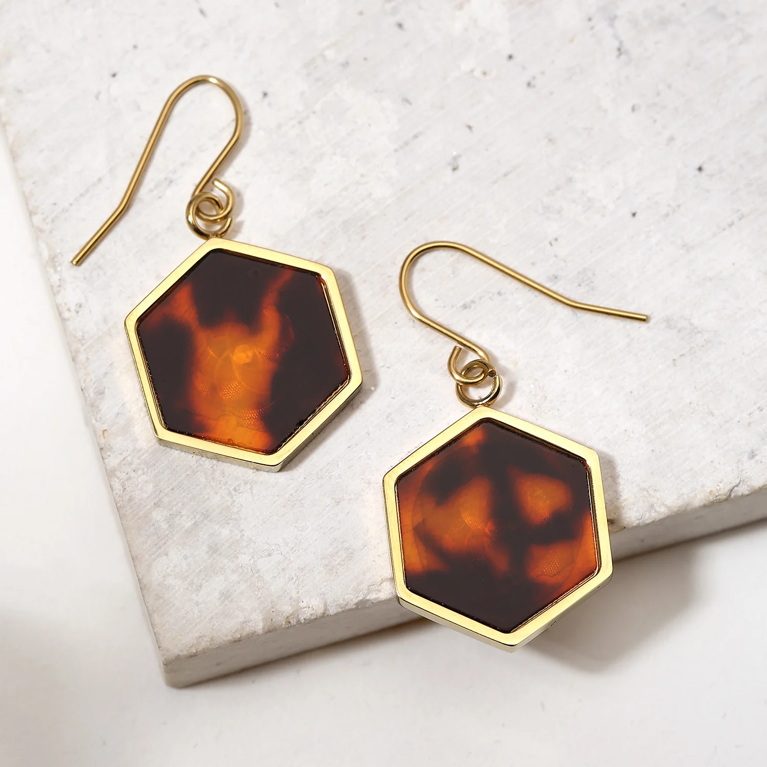 Hexagon Brown Tortoise Shell Dangle Earrings 14K Gold Plated Stainless Steel - Image 5