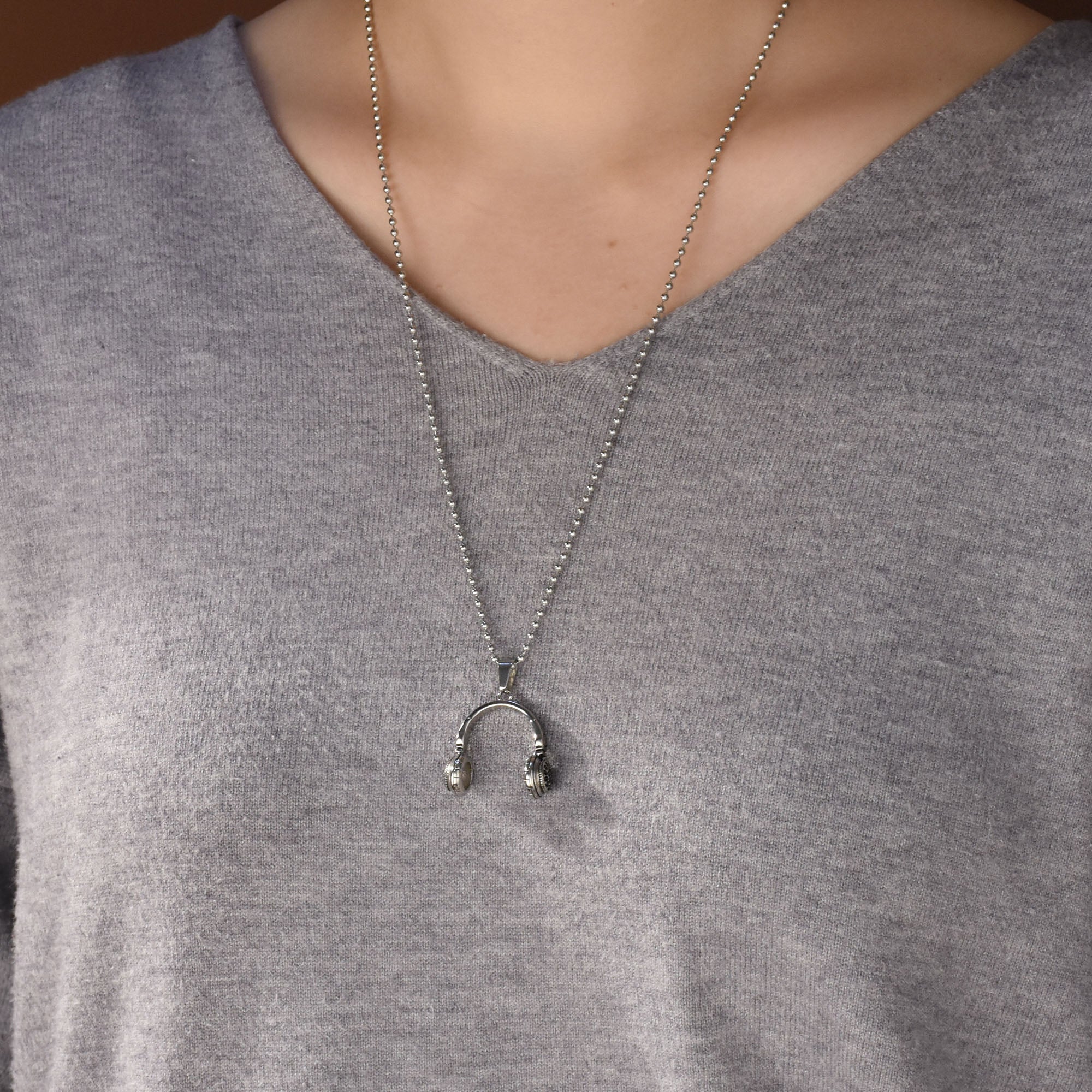 Hip Hop DJ Headphones Pendant Necklace for Men Silver Tone Stainless Steel - Image 3