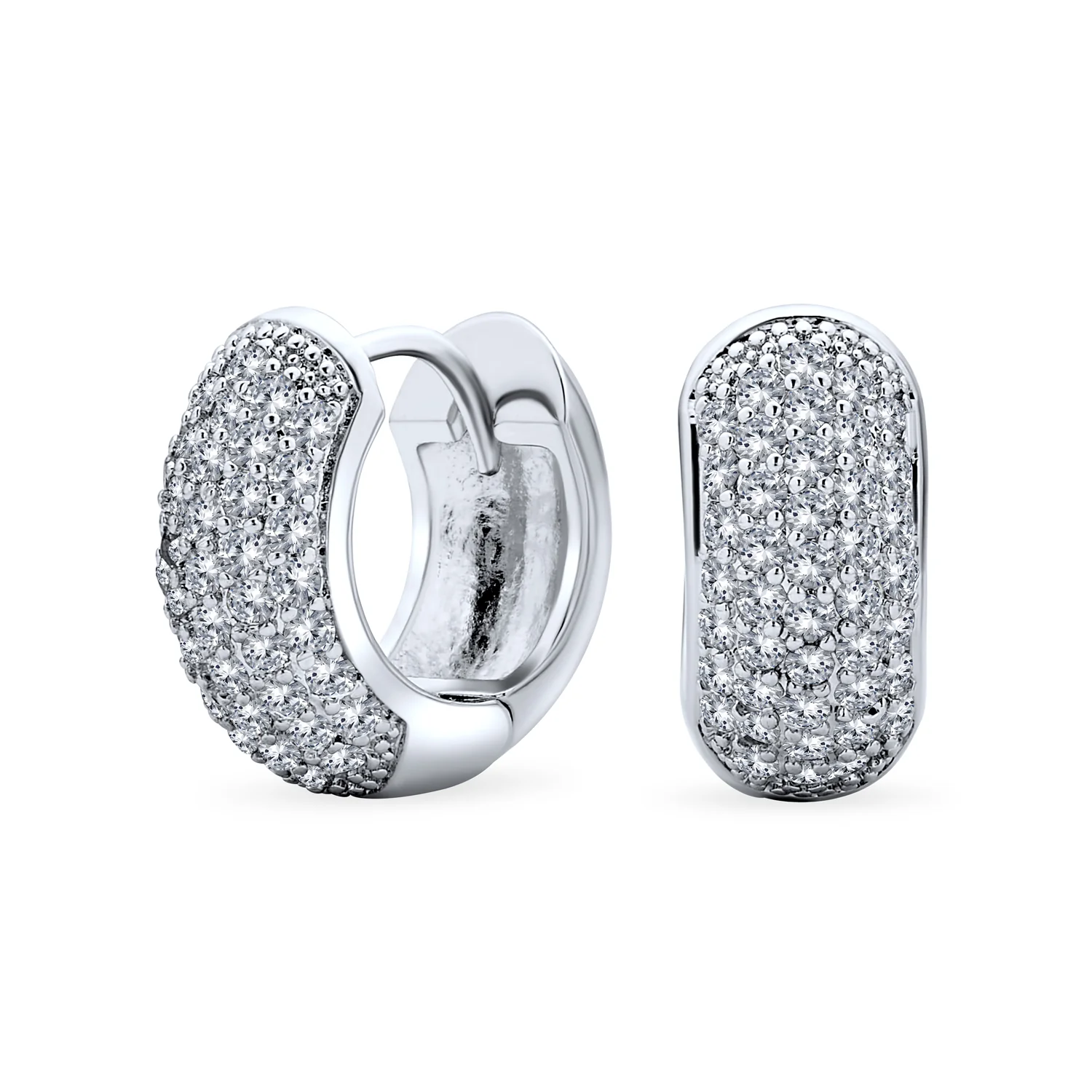 Cubic Zirconia Pave CZ 5 Row Huggie Mini Hoop Earrings Hinge Style Silver Plated