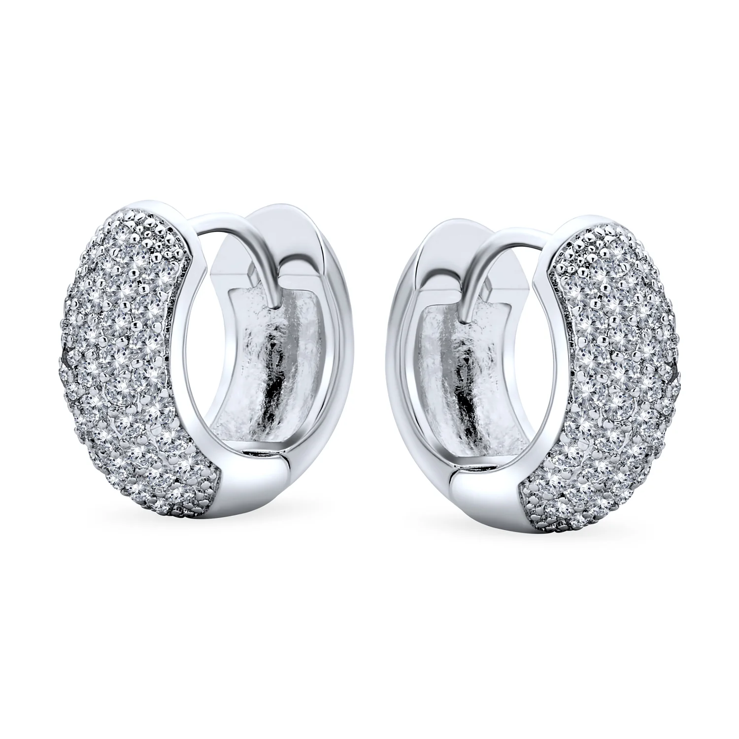 Cubic Zirconia Pave CZ 5 Row Huggie Mini Hoop Earrings Hinge Style Silver Plated - Image 2
