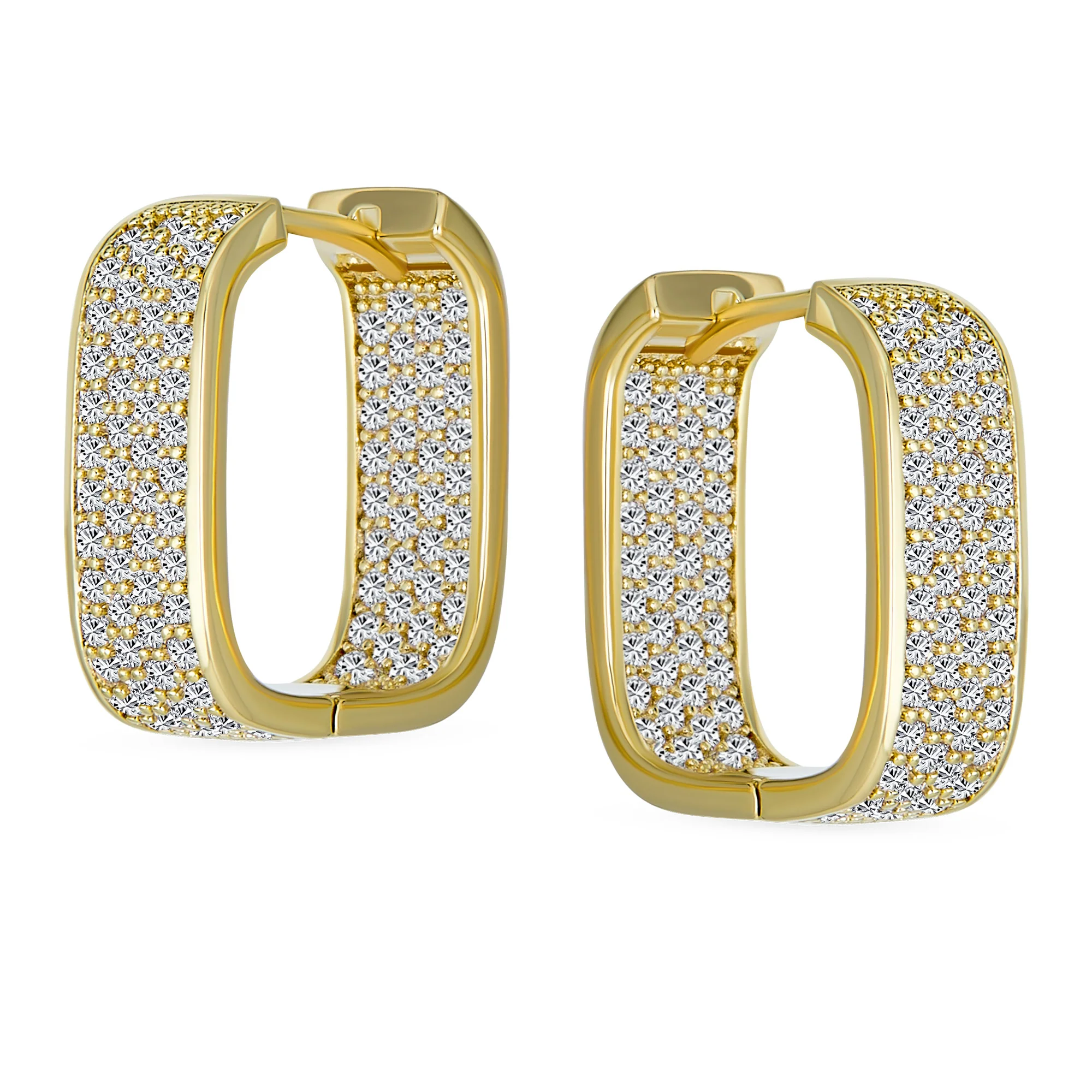 Micro Pave CZ Inside Out Wide Rectangle Huggies Hoop Earrings Gold Hinge Style - Image 2