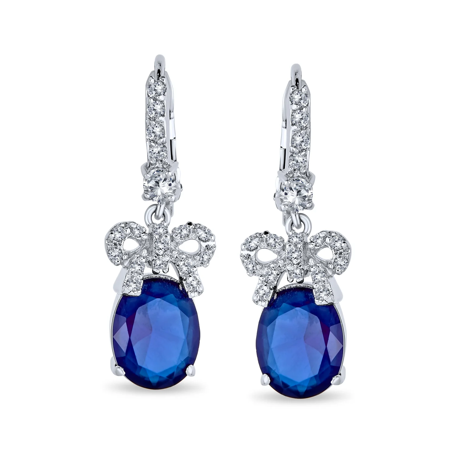 CZ Accent Ribbon Bow Oval Drop Chandelier Earrings Leverback - Image 5