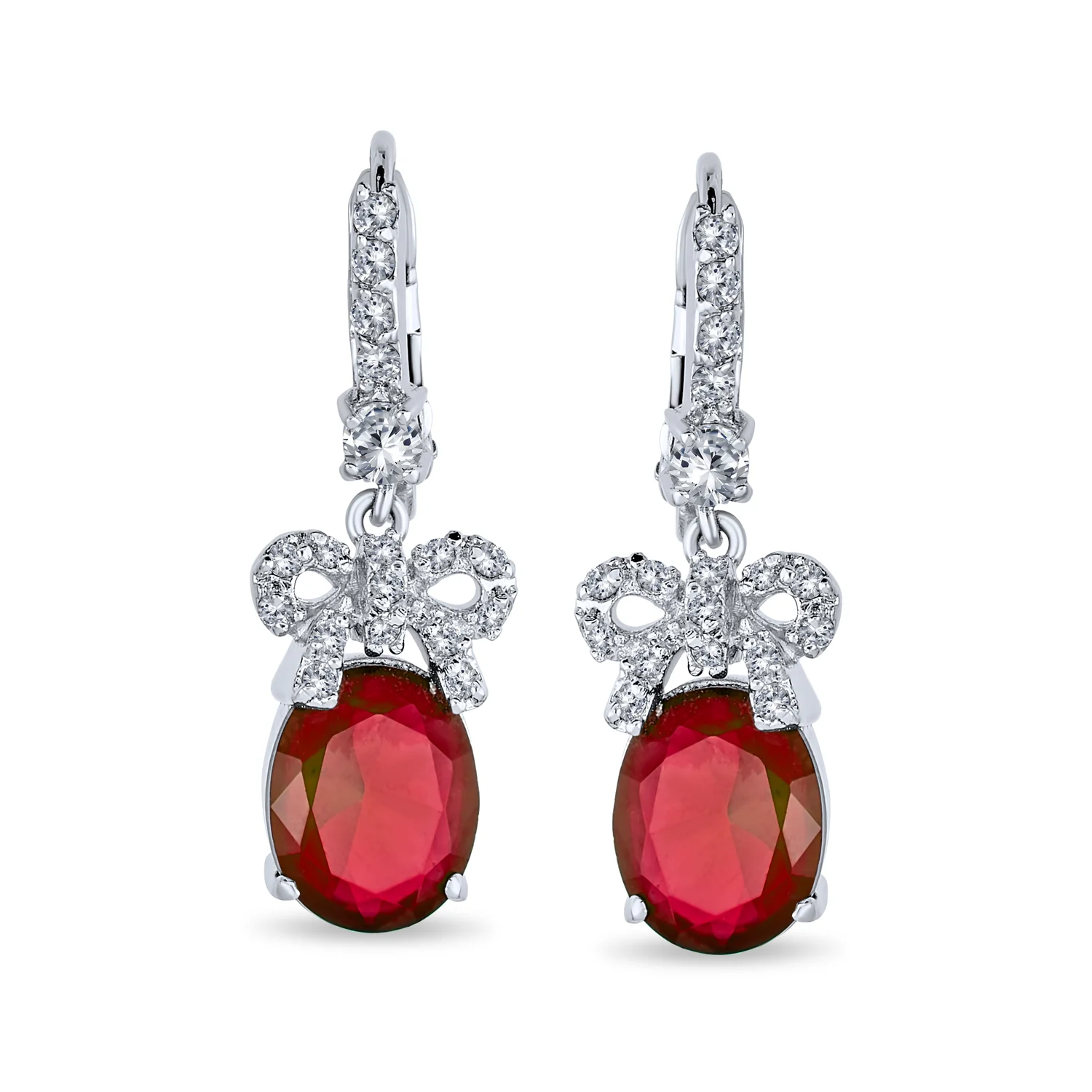 CZ Accent Ribbon Bow Oval Drop Chandelier Earrings Leverback - Image 6
