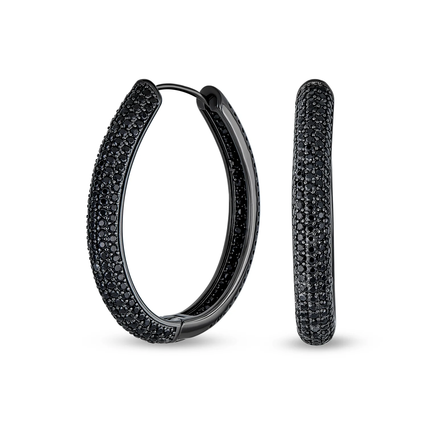 Large Cubic Zirconia Pave CZ Big Oval Black Hoop Earrings Inside Out Design