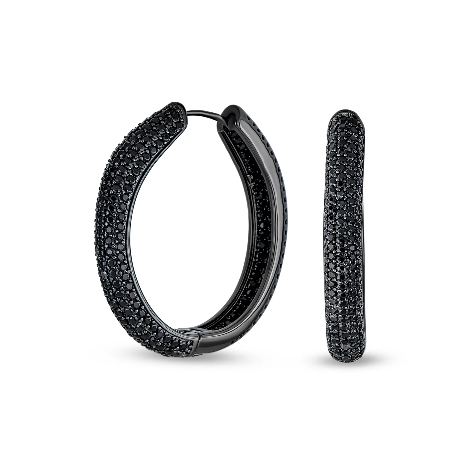 Large Cubic Zirconia Pave CZ Big Oval Black Hoop Earrings Inside Out Design - Image 2