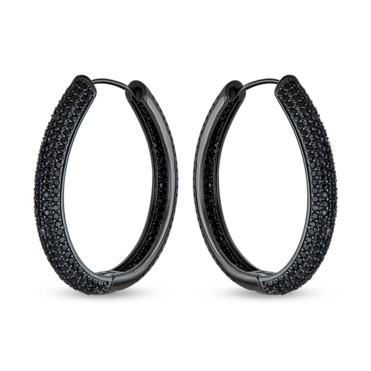 Large Cubic Zirconia Pave CZ Big Oval Black Hoop Earrings Inside Out Design - Image 3