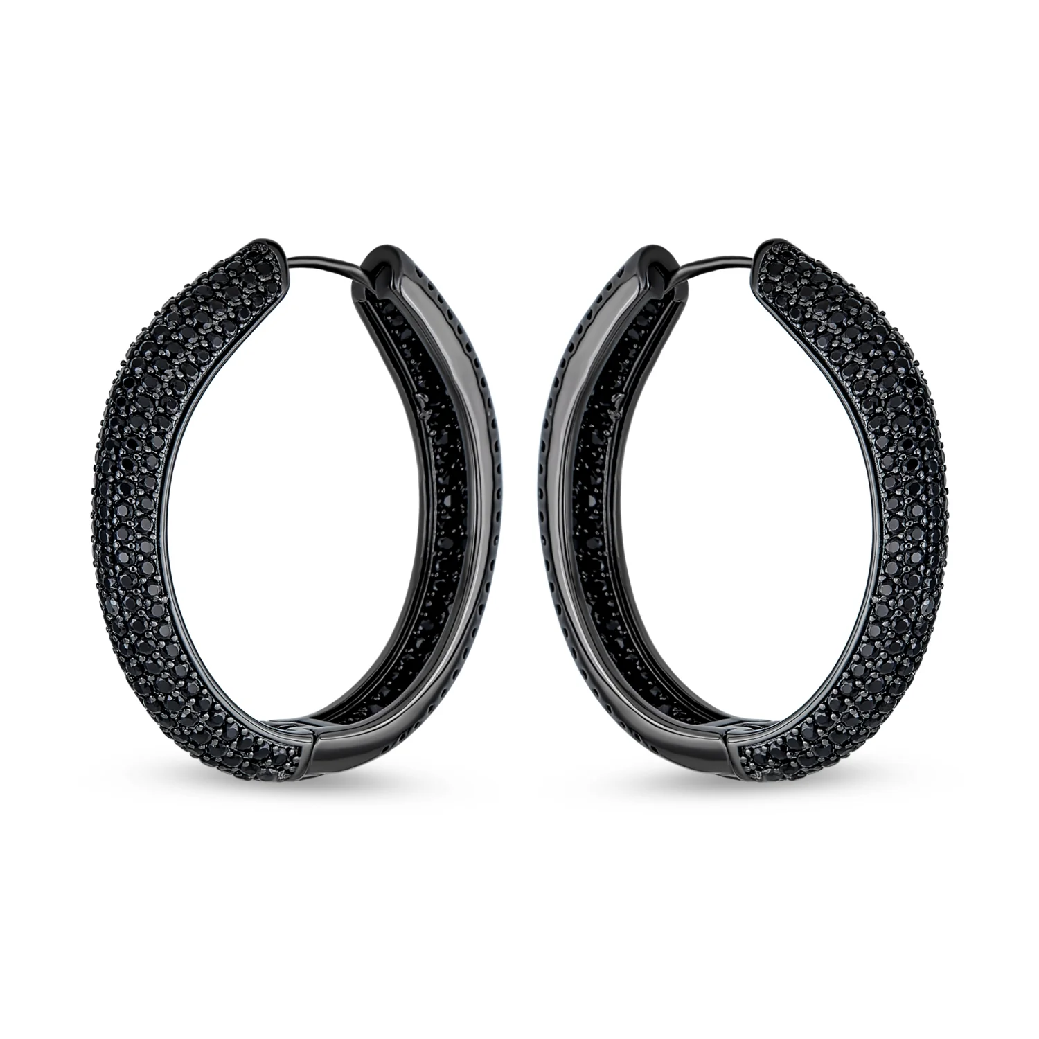 Large Cubic Zirconia Pave CZ Big Oval Black Hoop Earrings Inside Out Design - Image 4