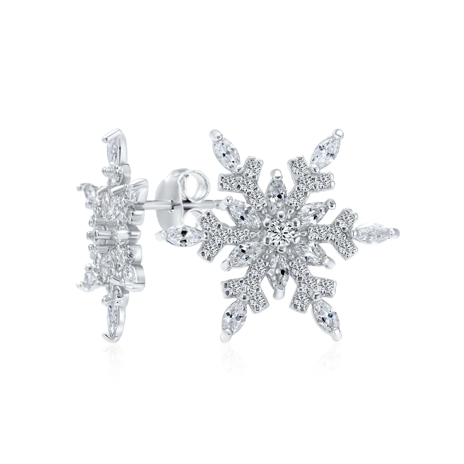 Holiday Party Snowflake Cubic Zirconia Encrusted Stud Earrings Sterling Silver