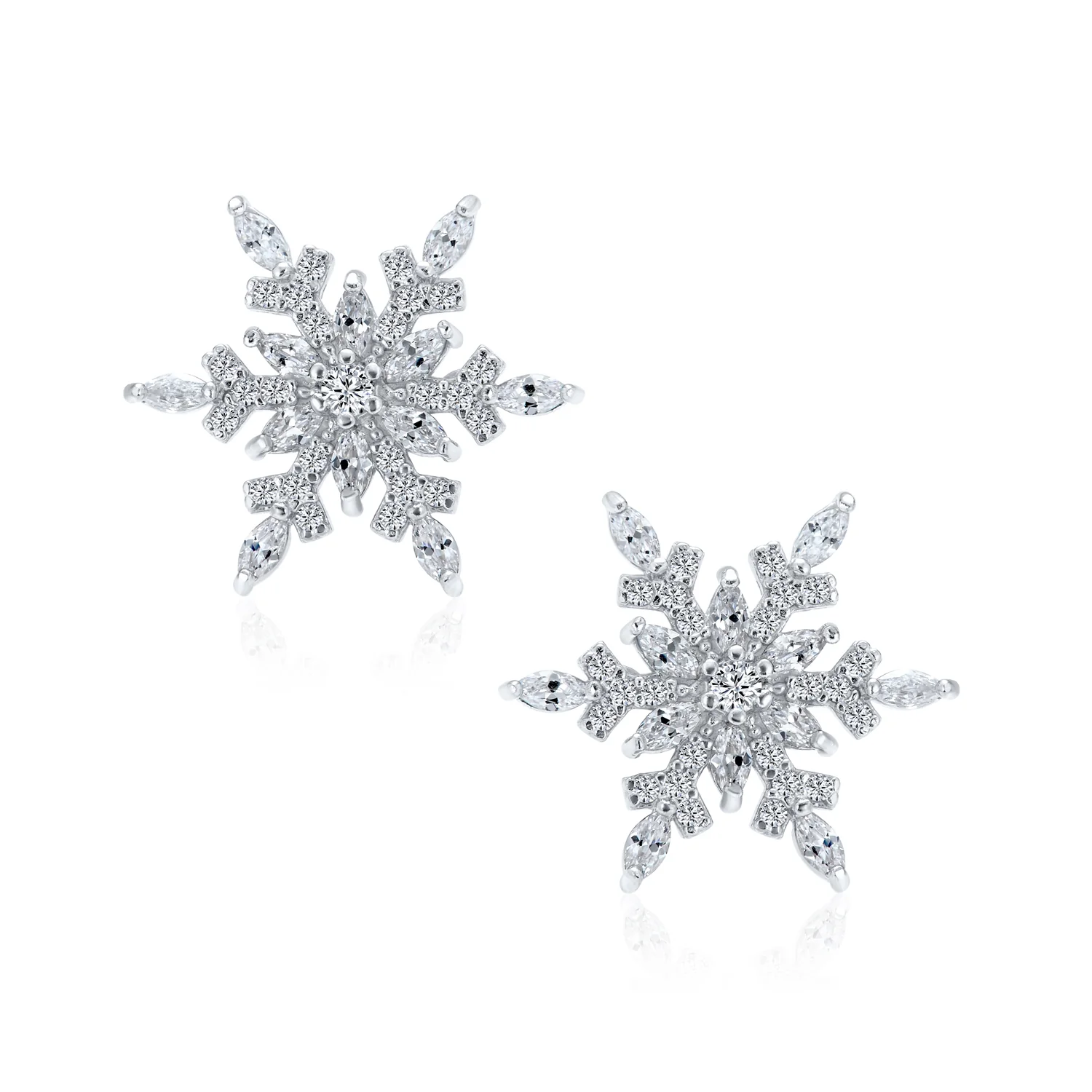Holiday Party Snowflake Cubic Zirconia Encrusted Stud Earrings Sterling Silver - Image 2