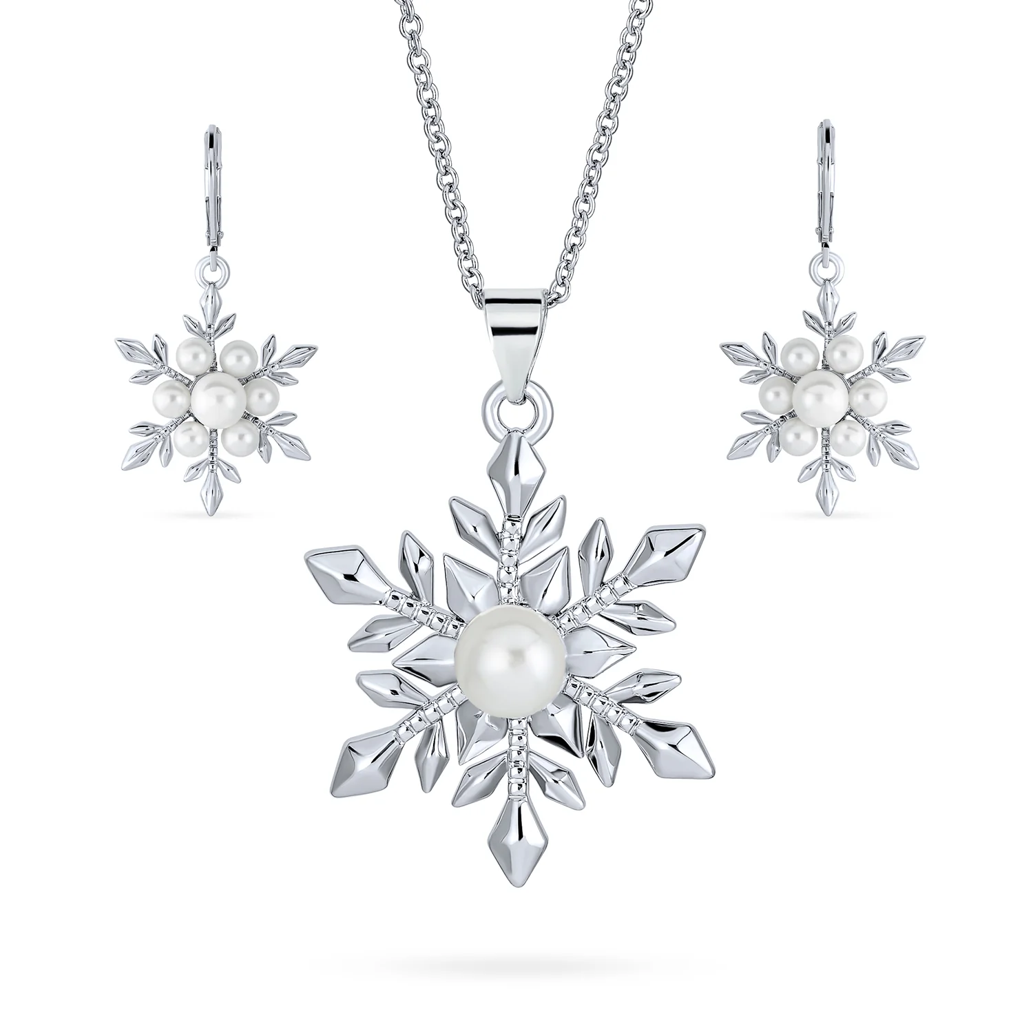 Holiday Pendant Necklace & Pearl Snowflake Earrings Jewelry Set Silver Plated