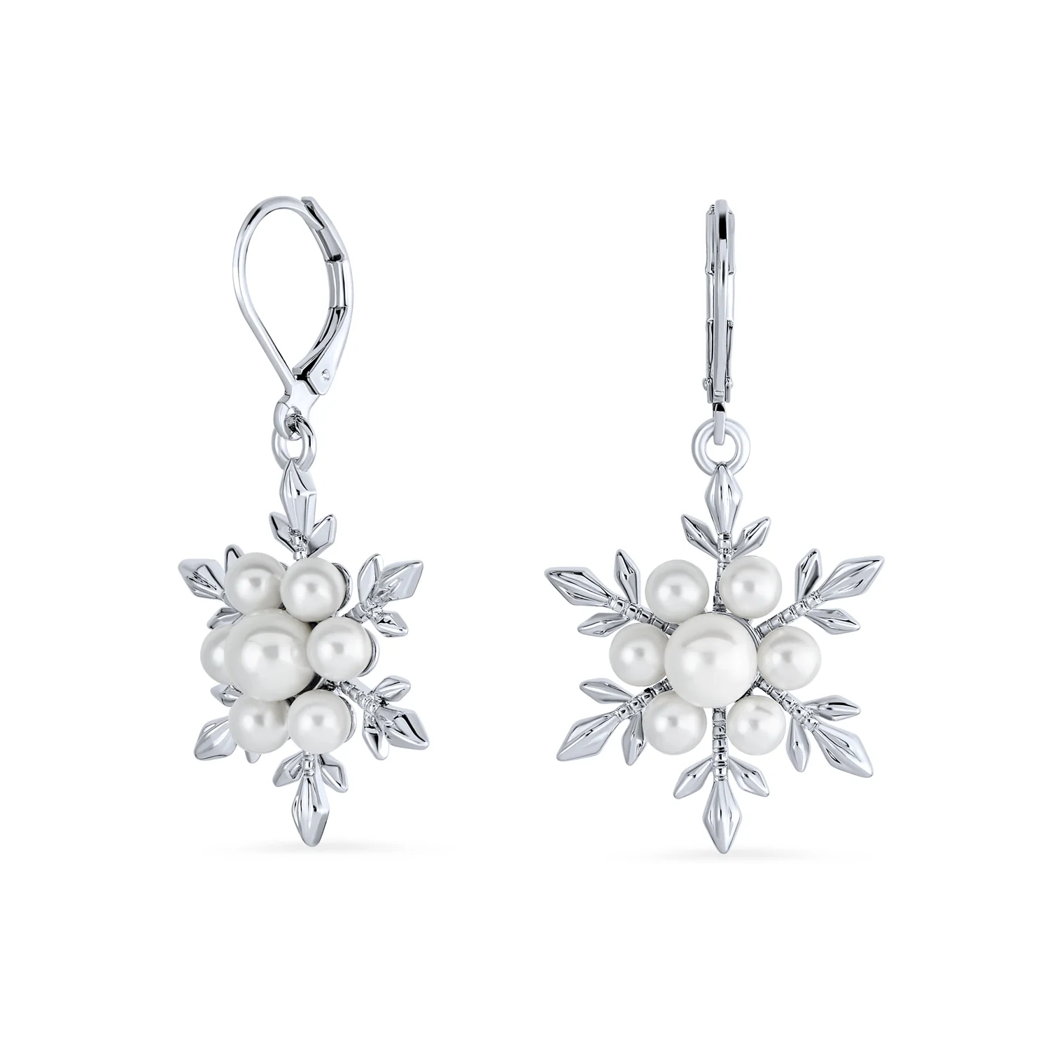 Holiday Pendant Necklace & Pearl Snowflake Earrings Jewelry Set Silver Plated - Image 2