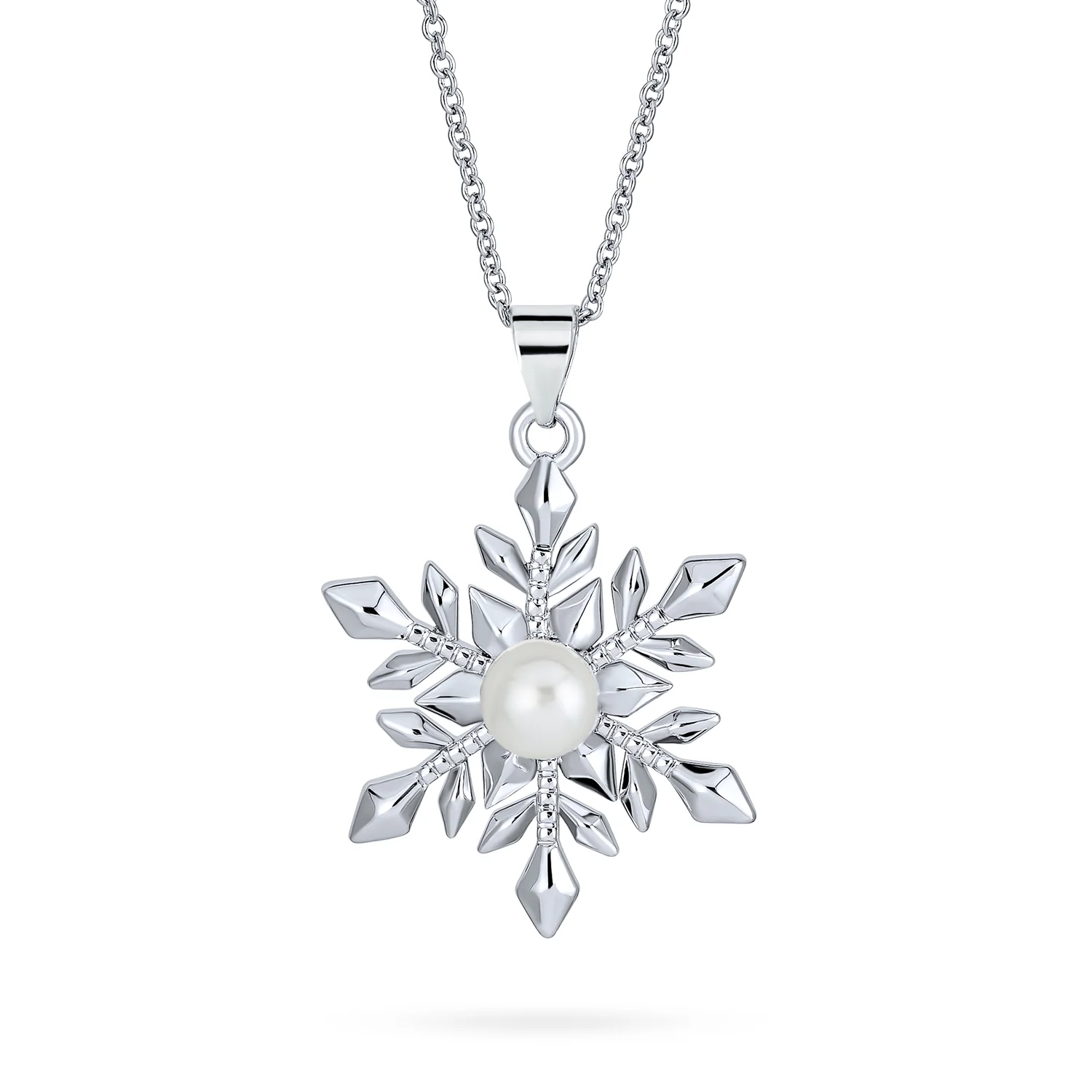 Holiday Pendant Necklace & Pearl Snowflake Earrings Jewelry Set Silver Plated - Image 3