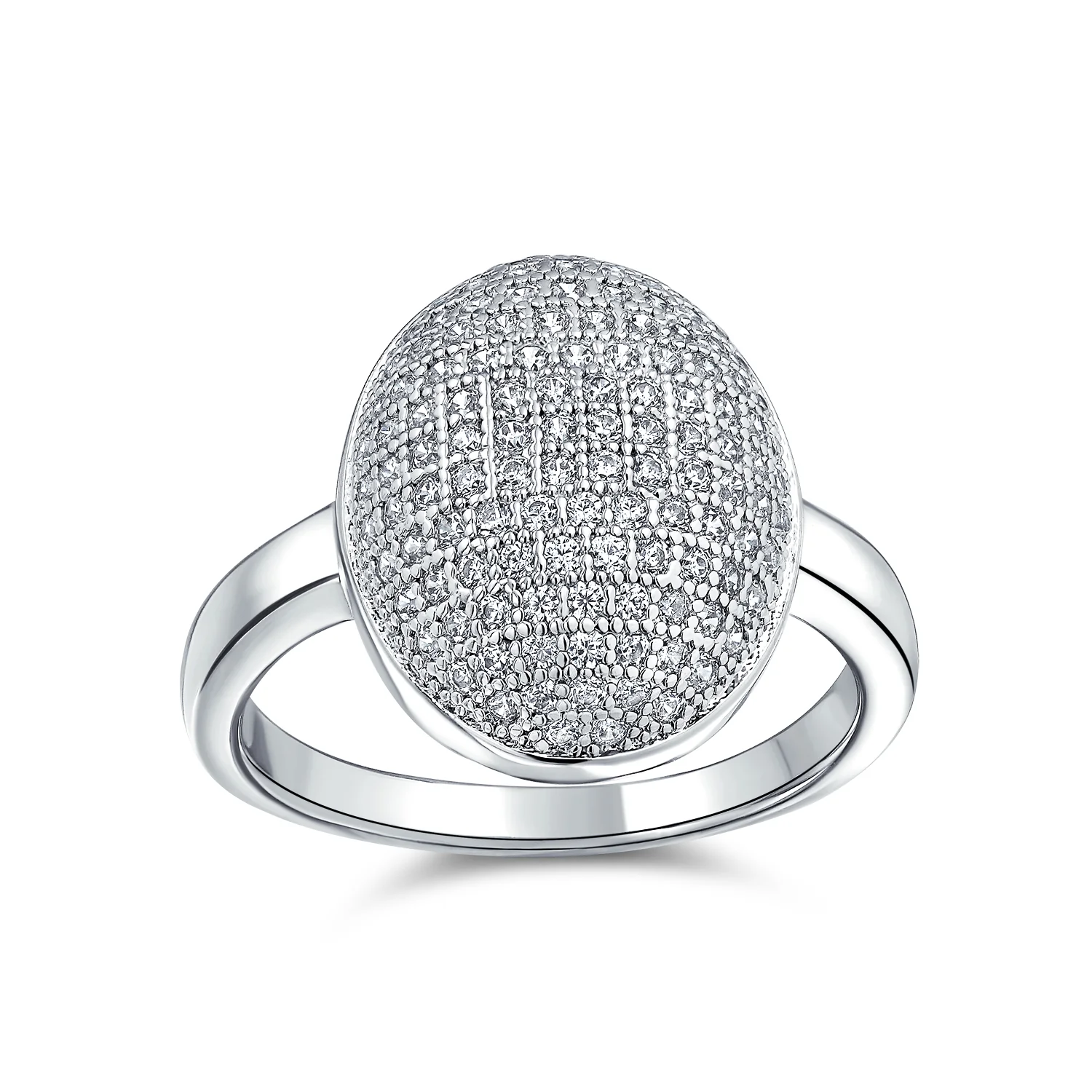 Holiday Party Silver Cocktail Statement Ring with Cubic Zirconia Oval Pave Dome