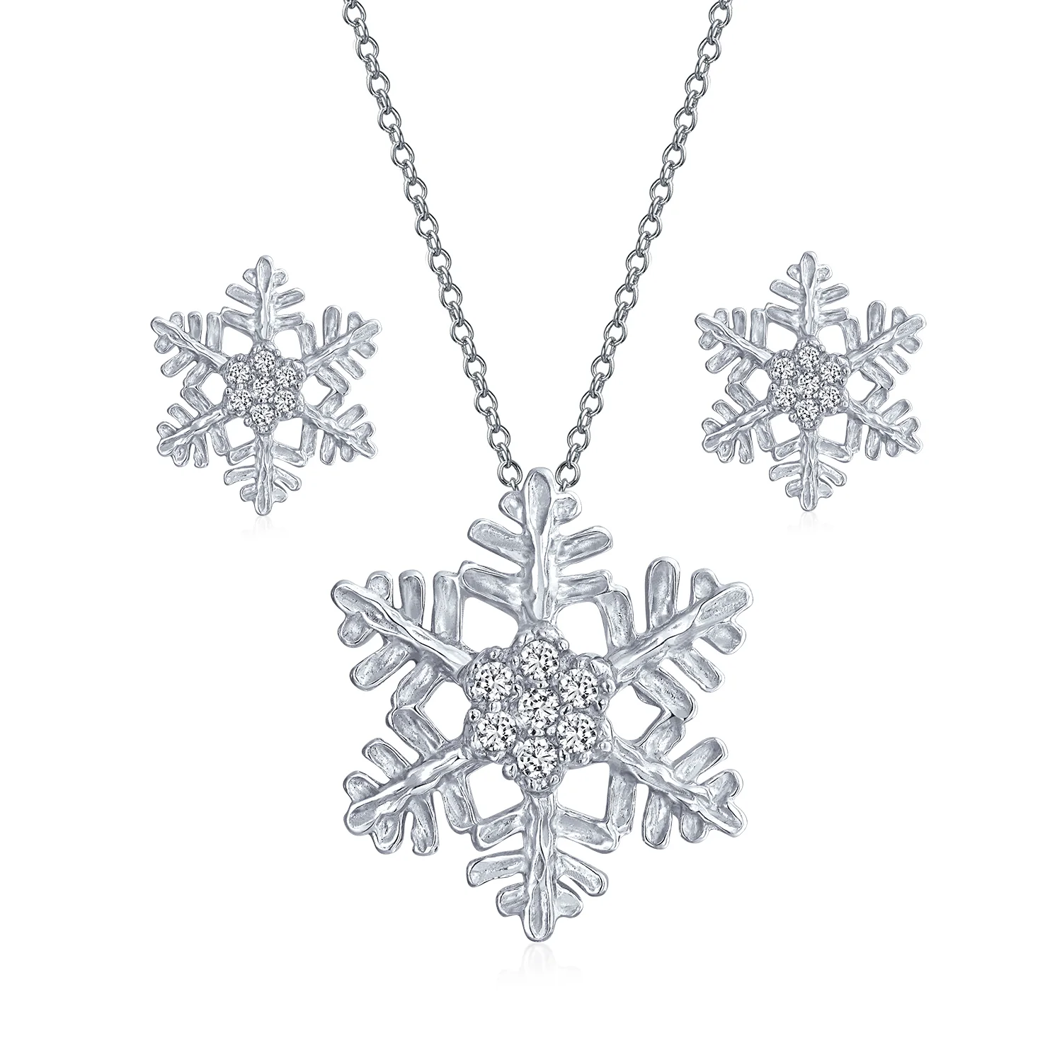 Holiday Party Snowflake Pendant Necklace & Earrings Set Blue CZ Sterling Silver