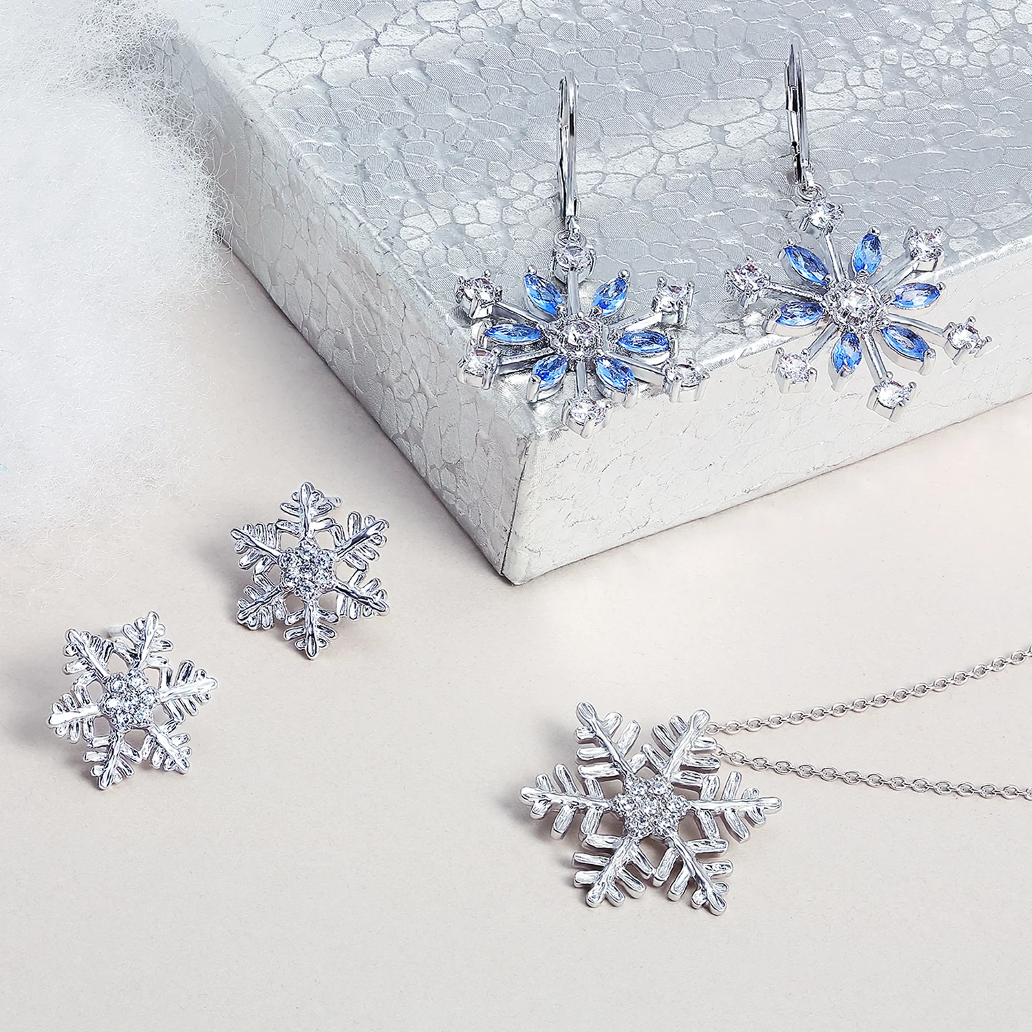 Holiday Party Snowflake Pendant Necklace & Earrings Set Blue CZ Sterling Silver - Image 11