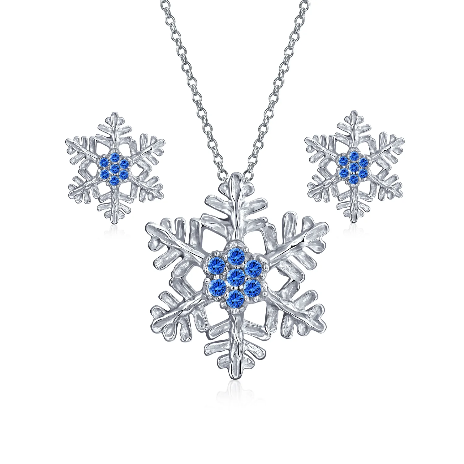 Holiday Party Snowflake Pendant Necklace & Earrings Set Blue CZ Sterling Silver - Image 2
