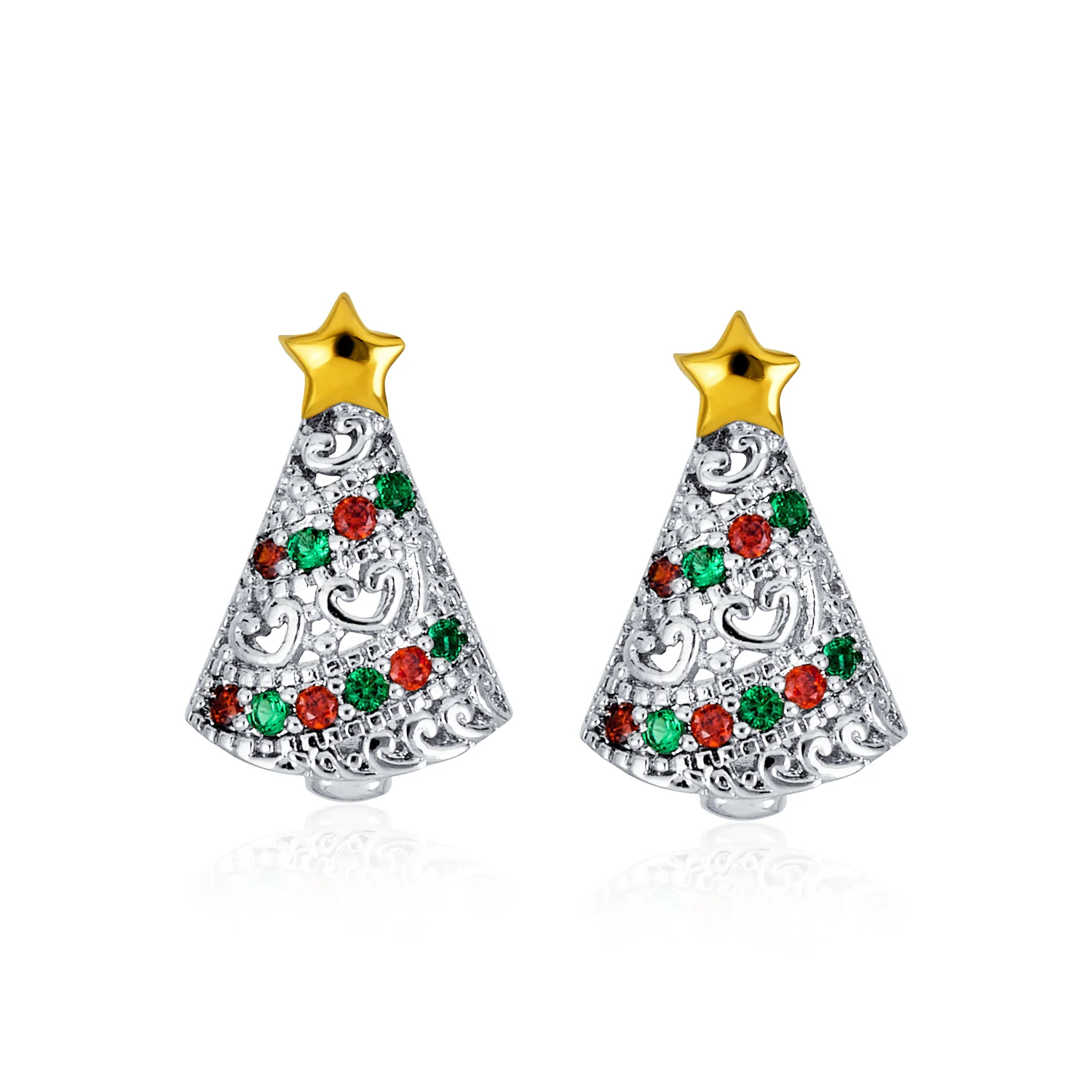 Holiday Star CZ Stud Earrings: Red & Green Sparkly Christmas Tree Design - Image 2