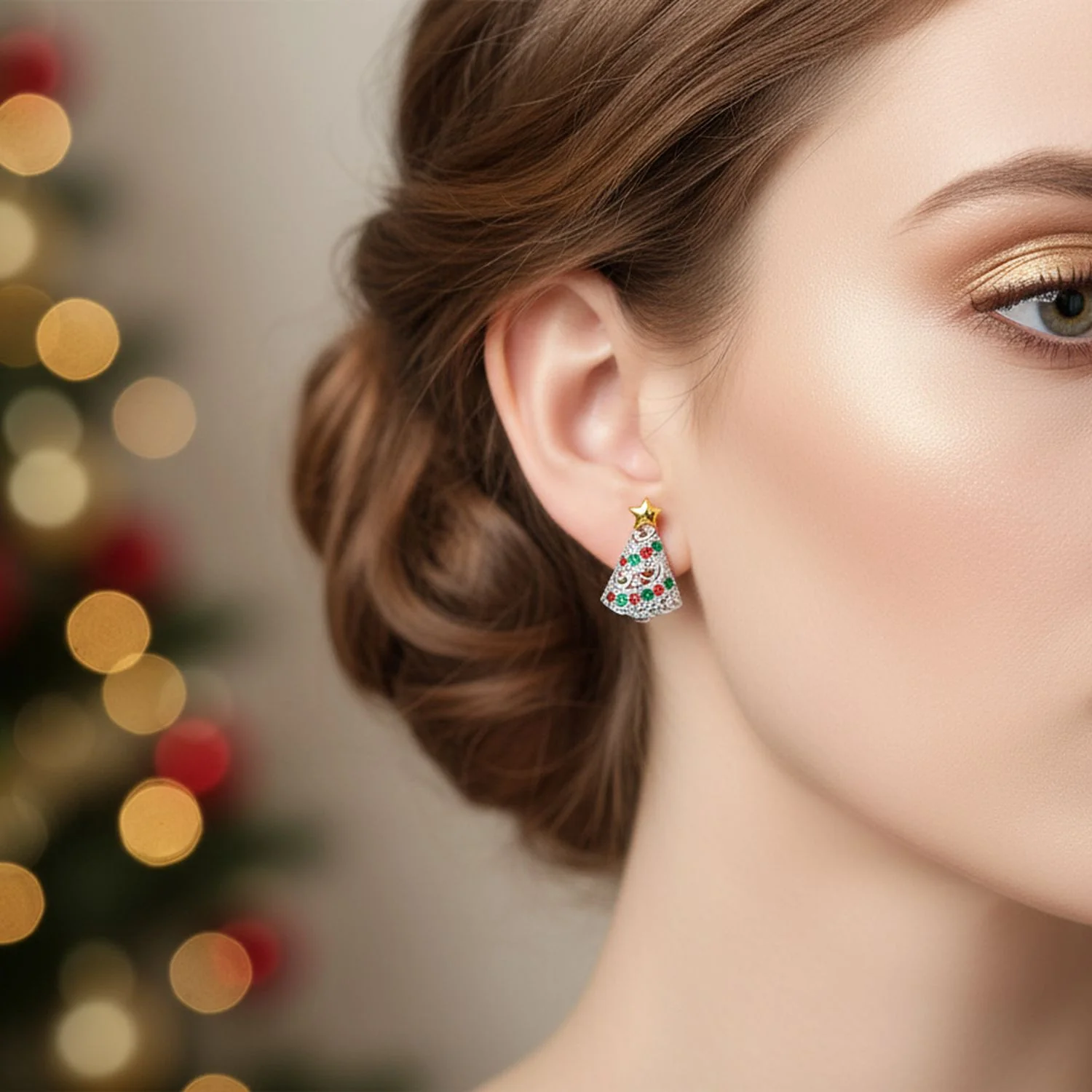 Holiday Star CZ Stud Earrings: Red & Green Sparkly Christmas Tree Design - Image 3