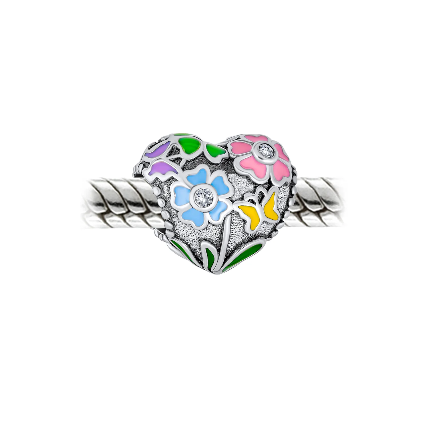 Set of 2 Holland Windmill & Love Grows Floral Heart CZ Accent Charm Bead Silver - Image 6