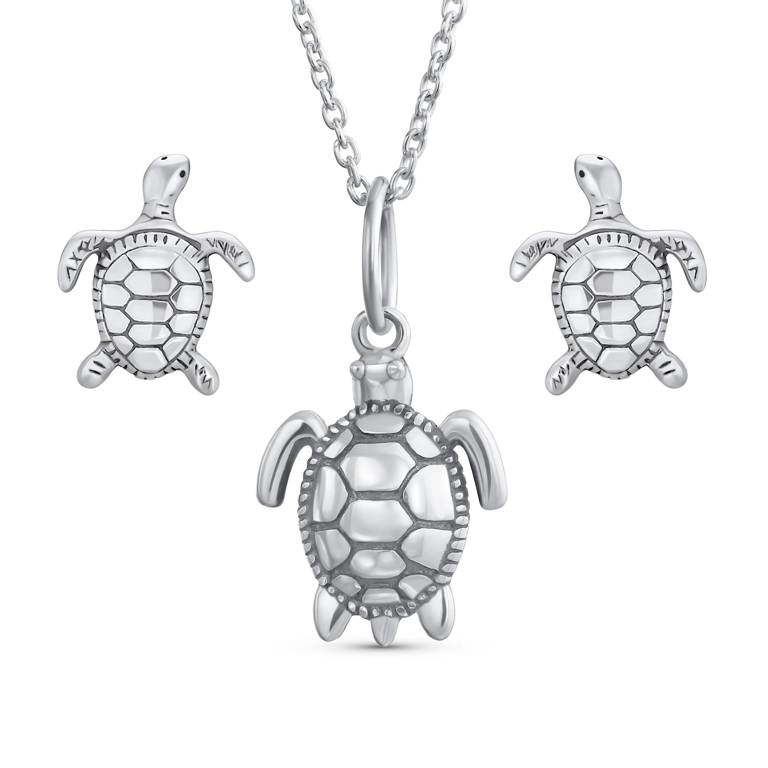 Tiny Nautical Sea Beach Turtle Pendant Necklace & Stud Earrings Jewelry Set .925 Sterling Silver